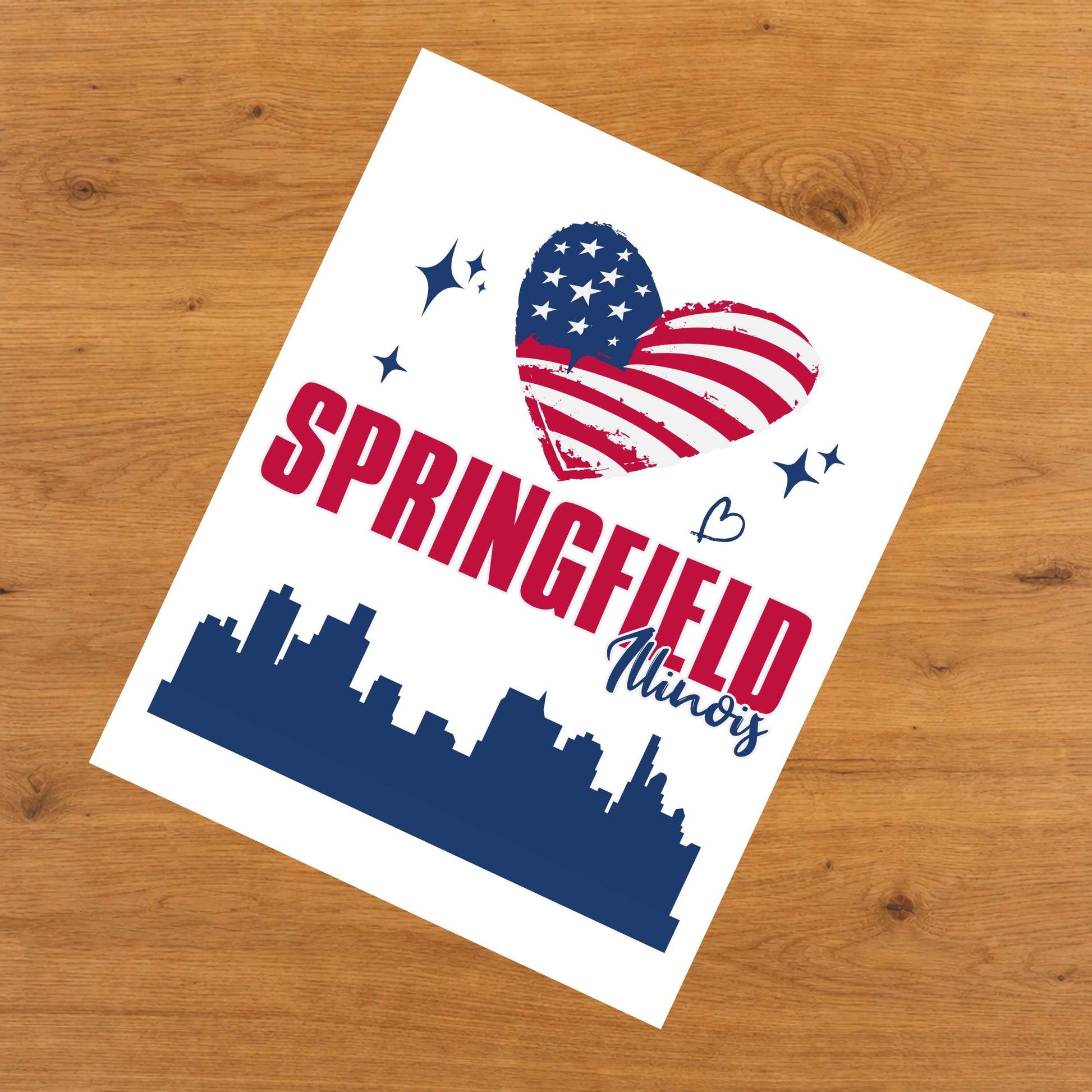 Springfield Illinois Skyline American Flag Heart 4th of July 8"x10" Wall Art Print