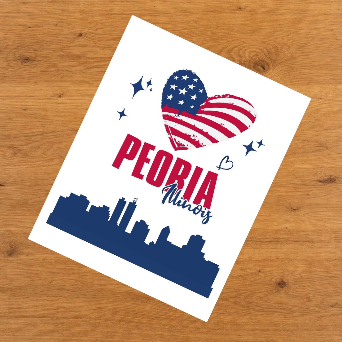 Peoria Illinois Skyline American Flag Heart 4th of July 8"x10" Wall Art Print