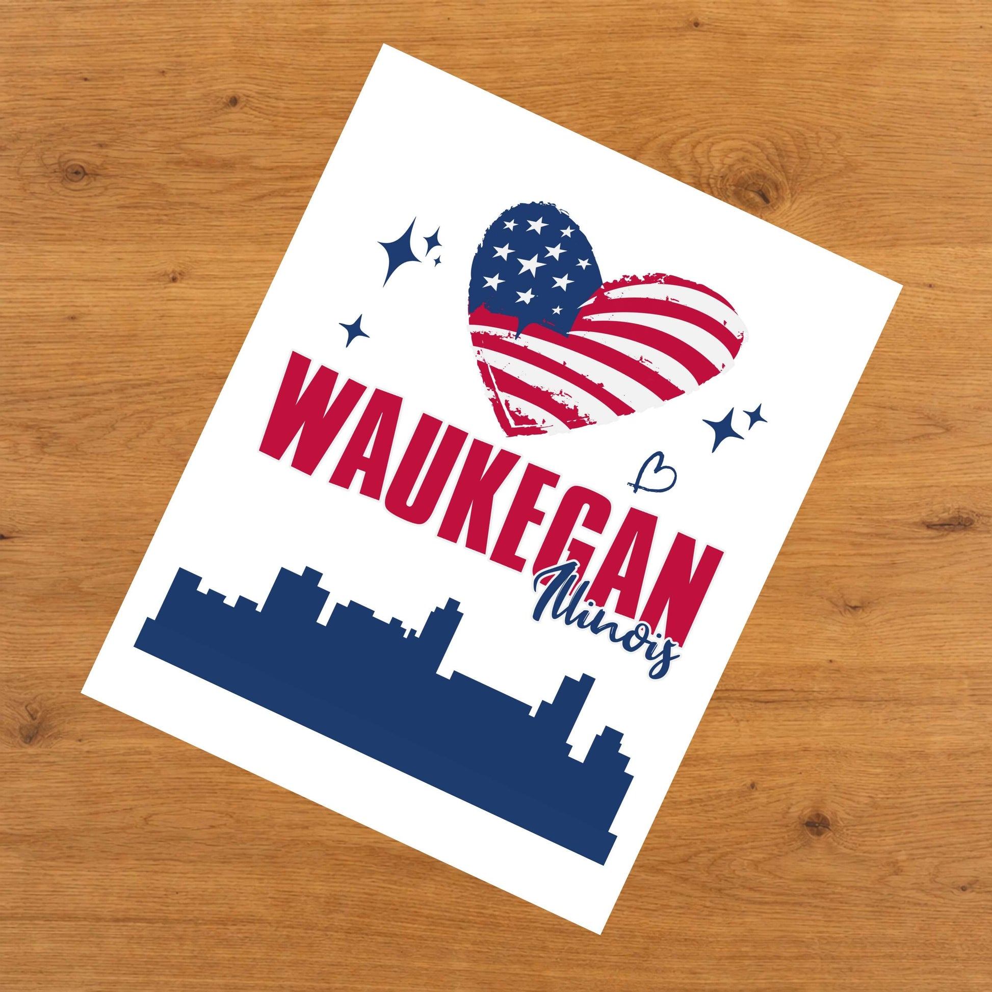 Waukegan Illinois Skyline American Flag Heart 4th of July 8"x10" Wall Art Print