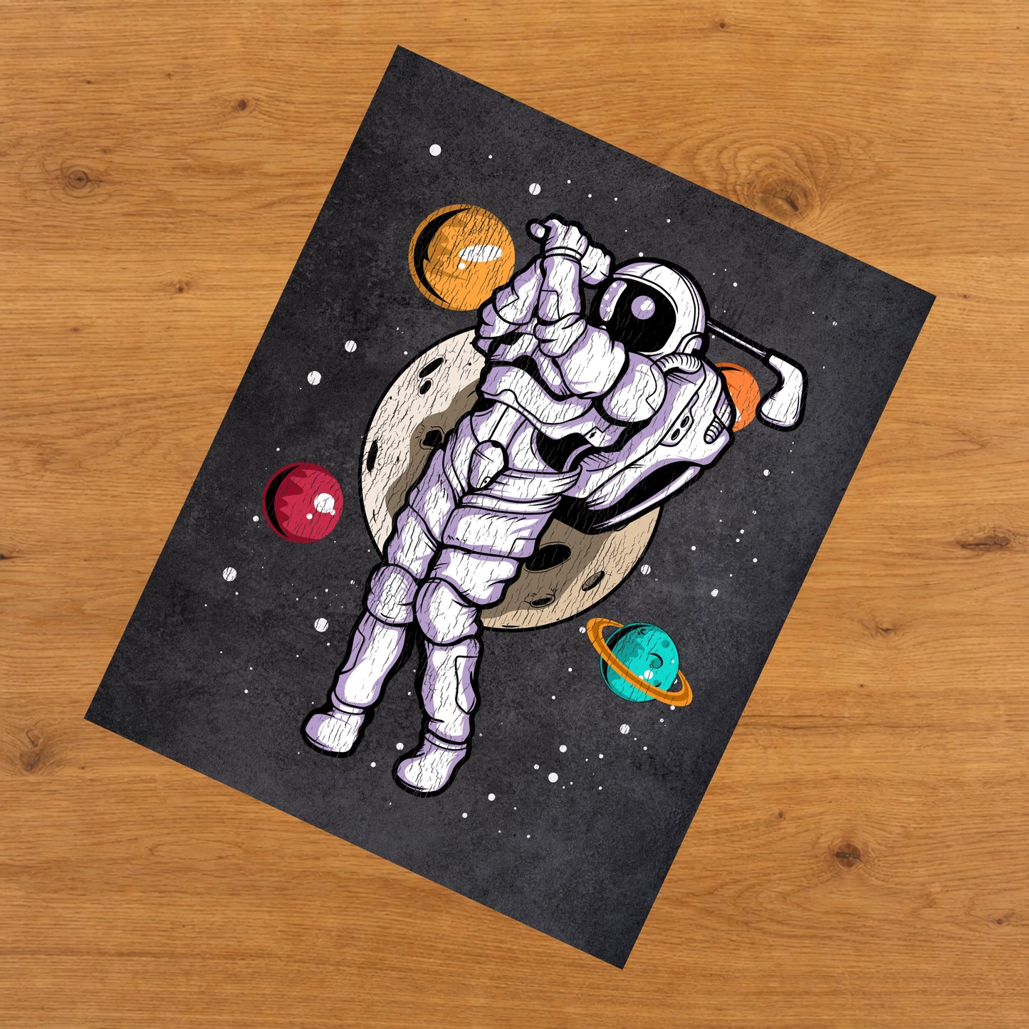 Golf Astronaut Outer Space Spaceman Distressed 8"x10" Wall Art Print