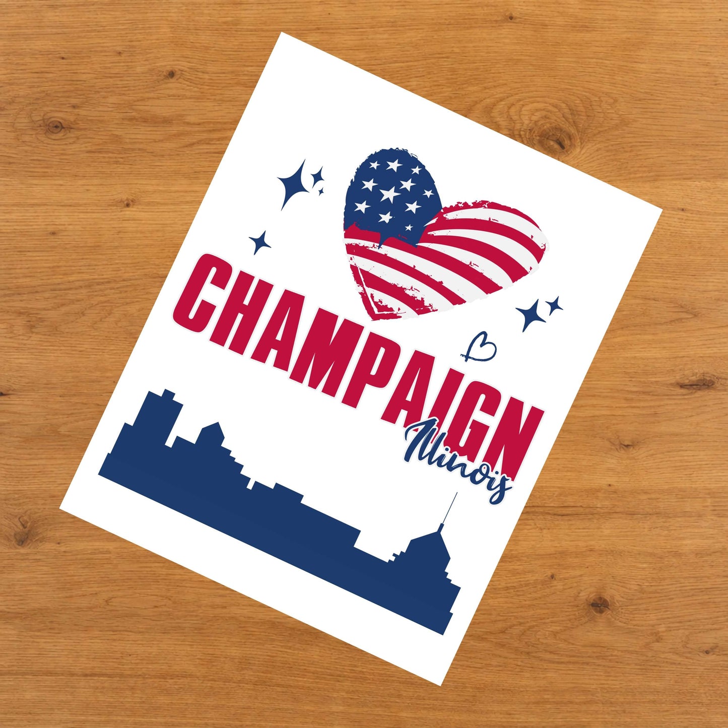 Champaign Illinois Skyline American Flag Heart 4th of July 8"x10" Wall Art Print