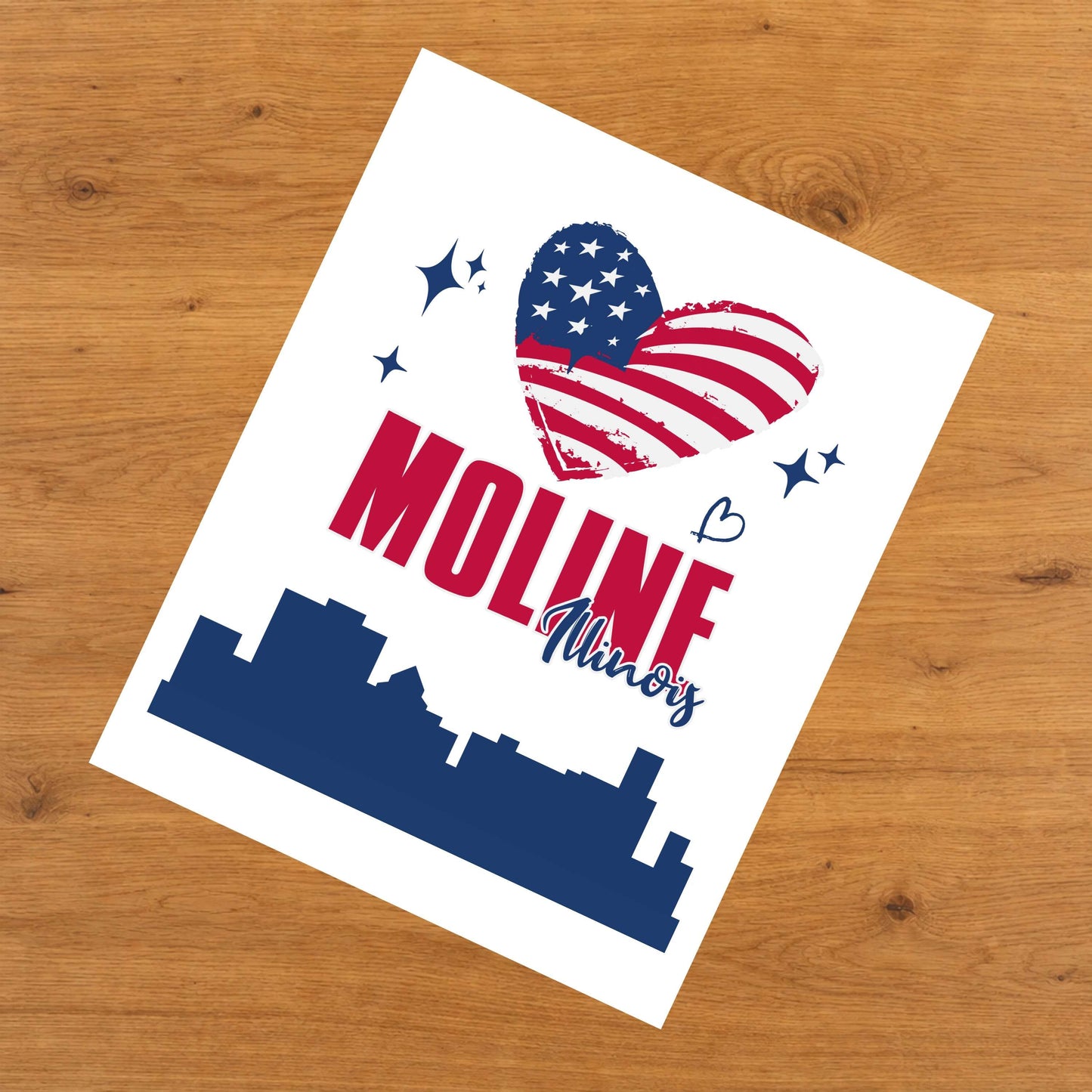 Moline Illinois Skyline American Flag Heart 4th of July 8"x10" Wall Art Print