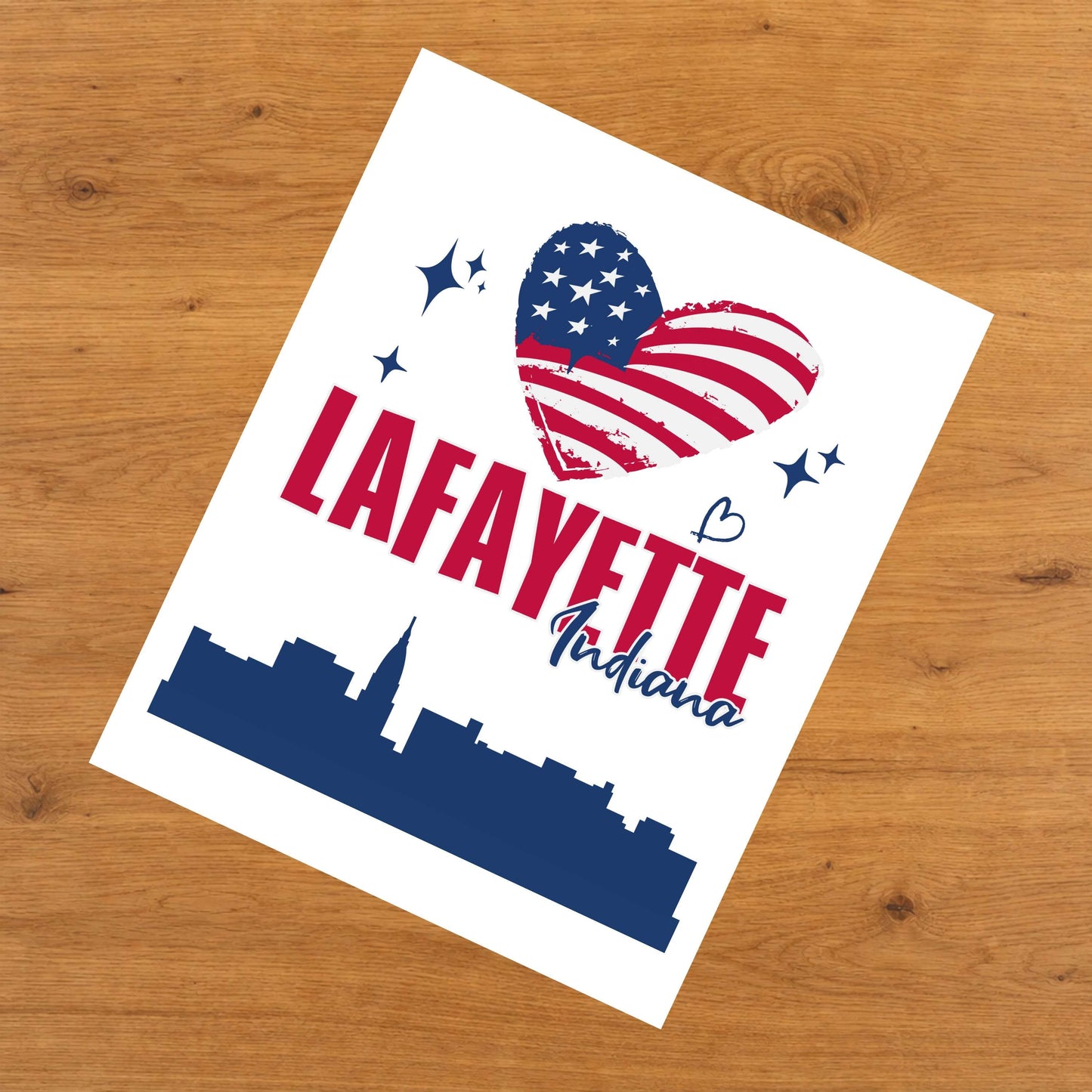 Lafayette Indiana Skyline American Flag Heart 4th of July 8"x10" Wall Art Print