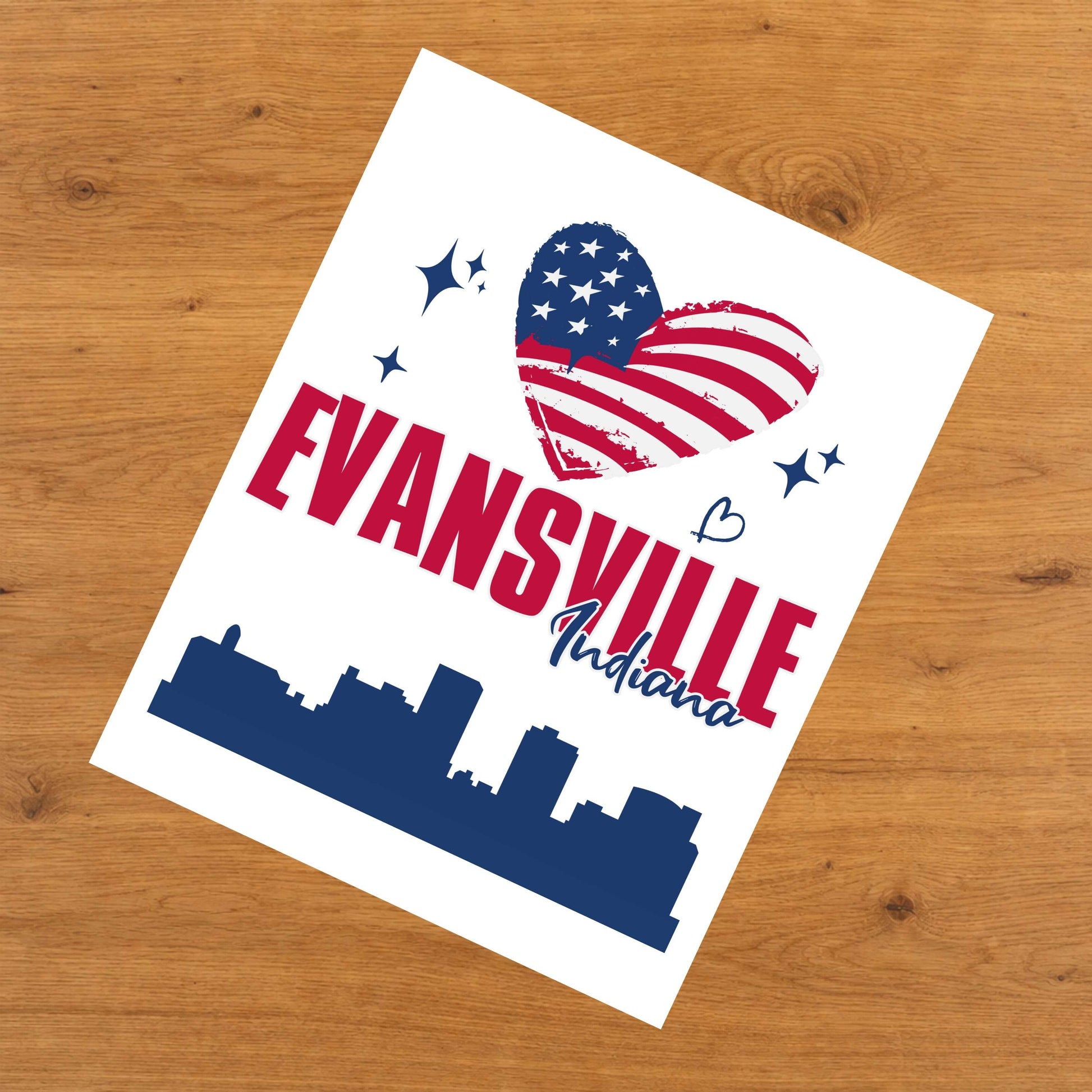 Evansville Indiana Skyline American Flag Heart 4th of July 8"x10" Wall Art Print