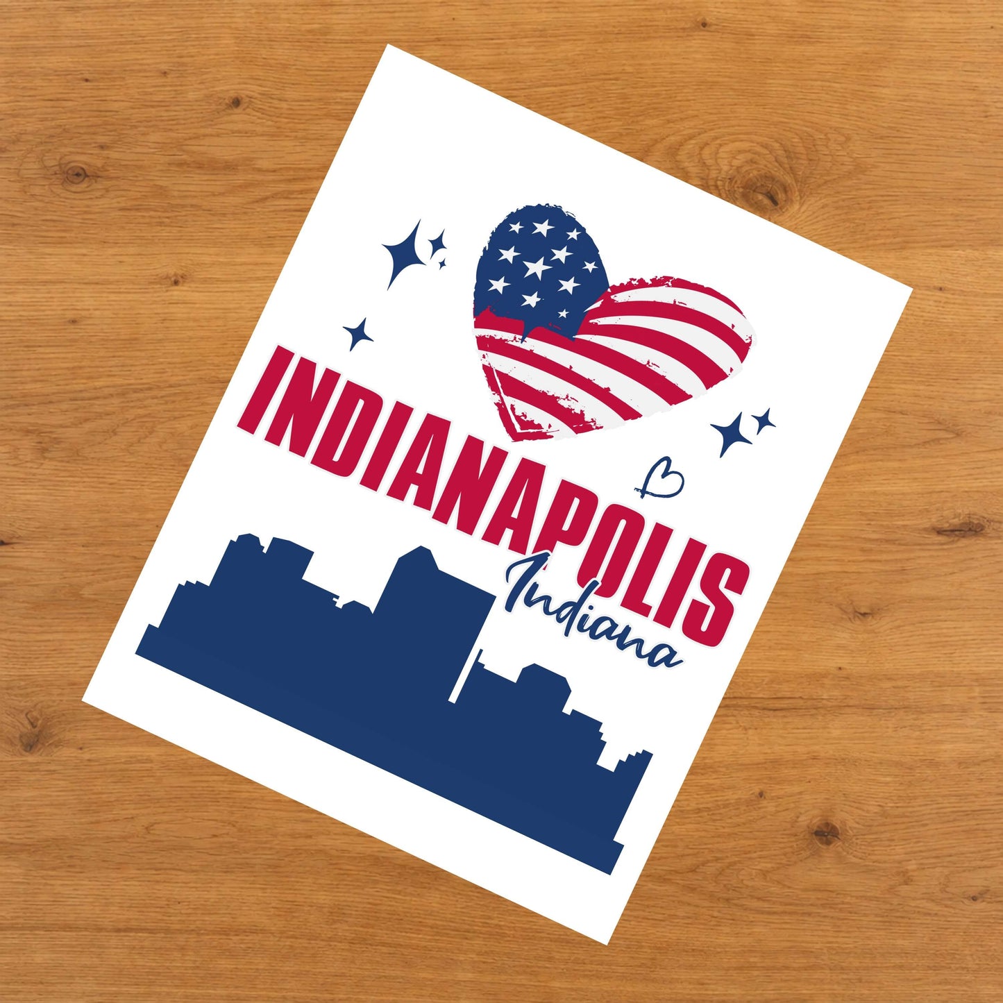 Indianapolis Indiana Skyline American Flag Heart 4th of July 8"x10" Wall Art Print