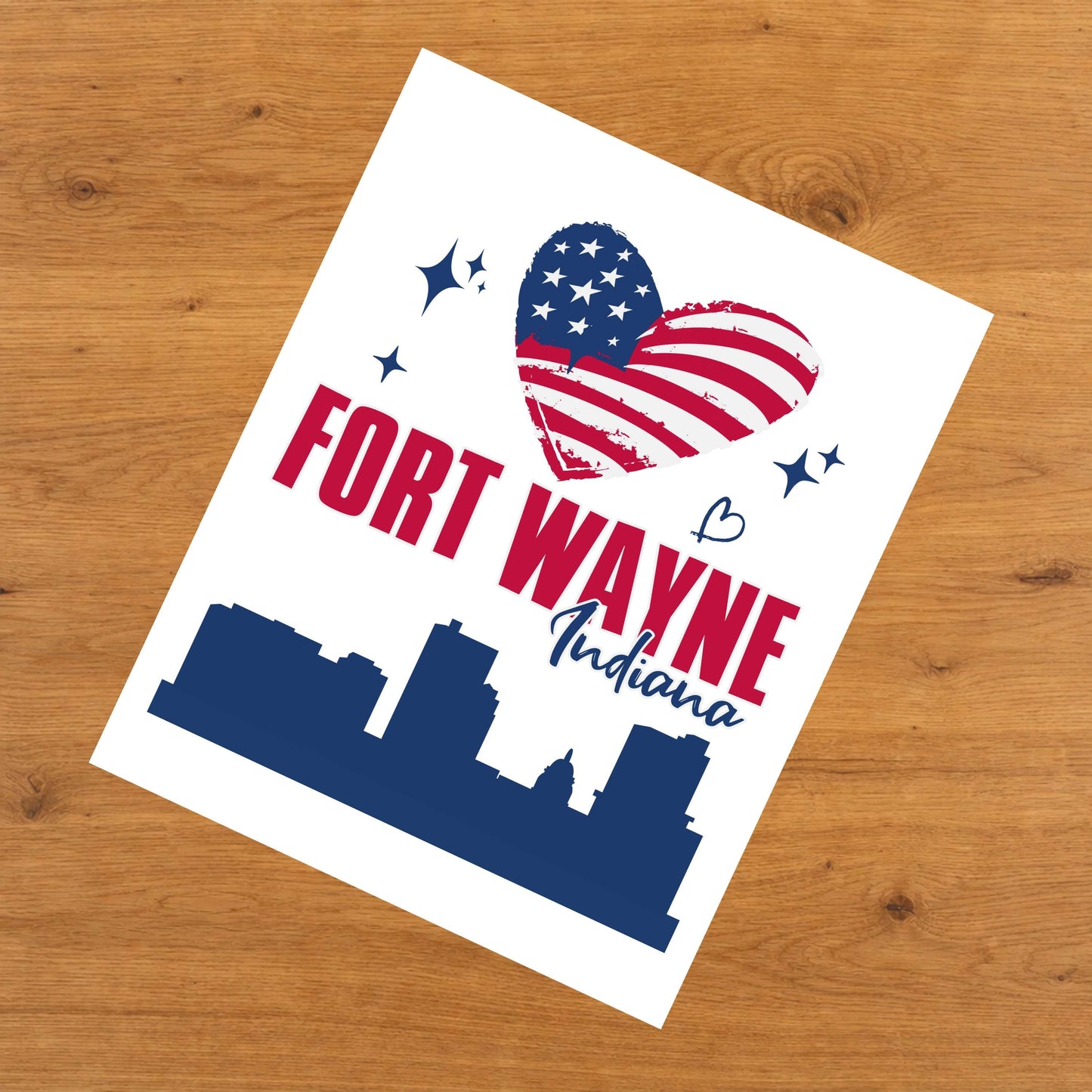 Fort Wayne Indiana Skyline American Flag Heart 4th of July 8"x10" Wall Art Print