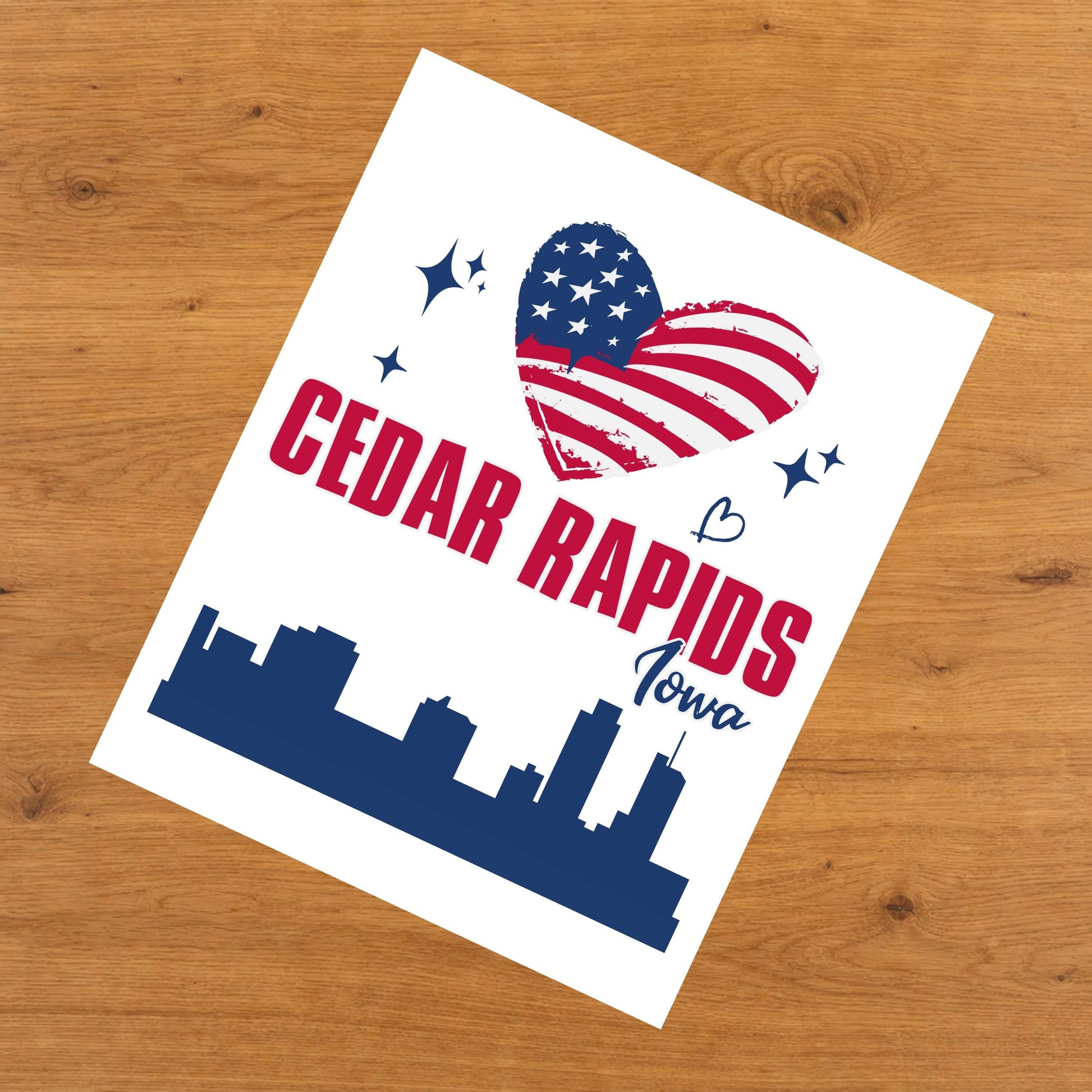 Cedar Rapids Iowa Skyline American Flag Heart 4th of July 8"x10" Wall Art Print
