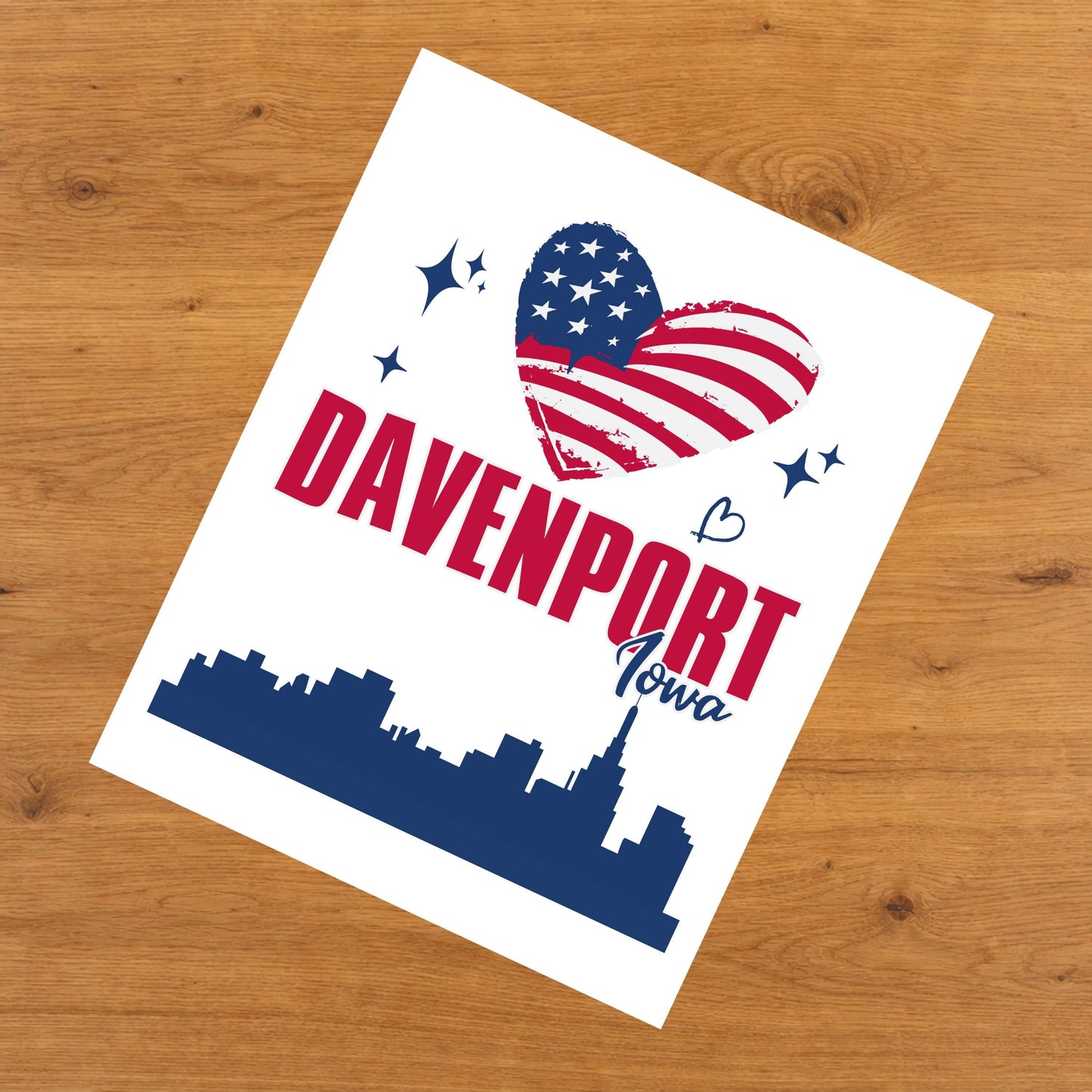 Davenport Iowa Skyline American Flag Heart 4th of July 8"x10" Wall Art Print
