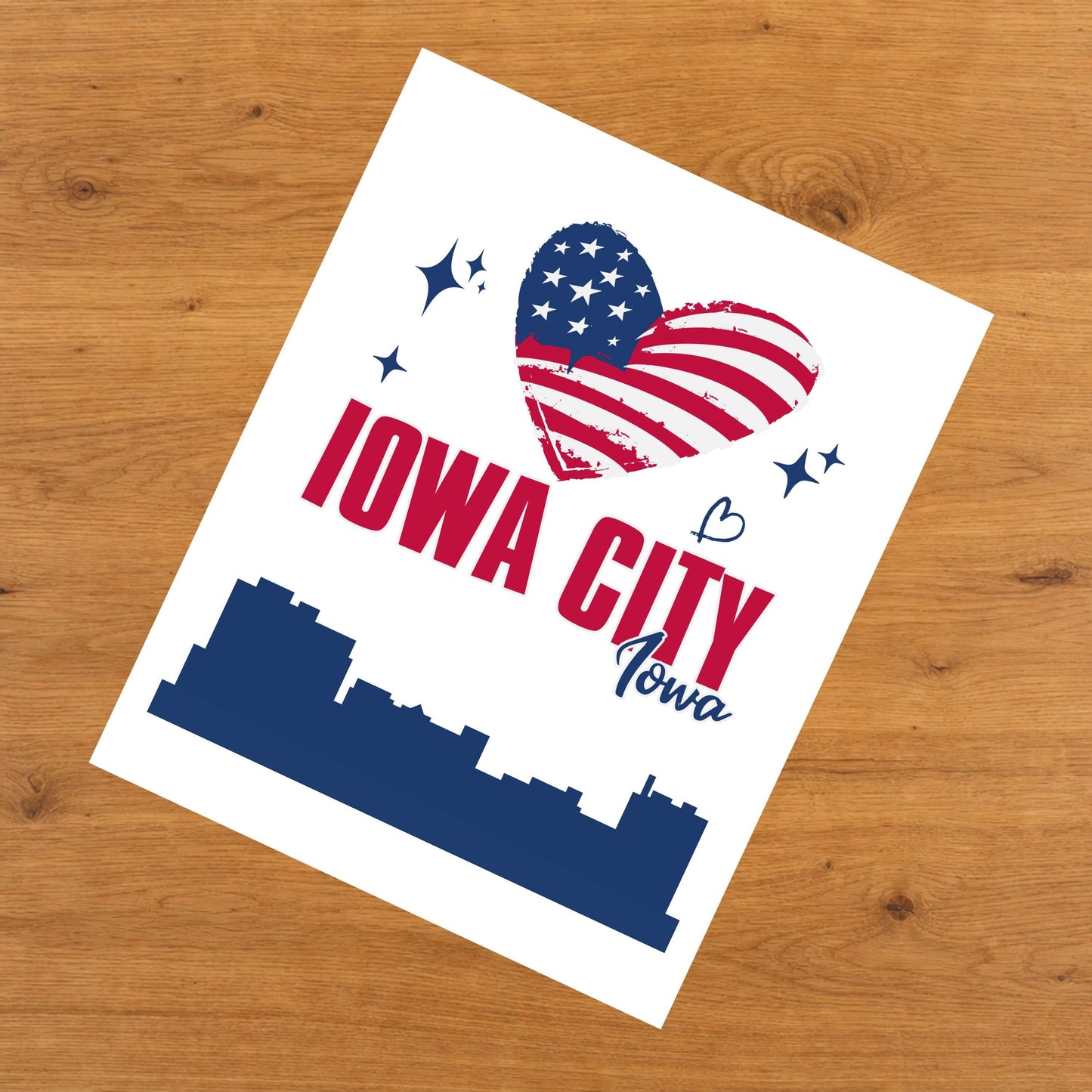 Iowa City Iowa Skyline American Flag Heart 4th of July 8"x10" Wall Art Print