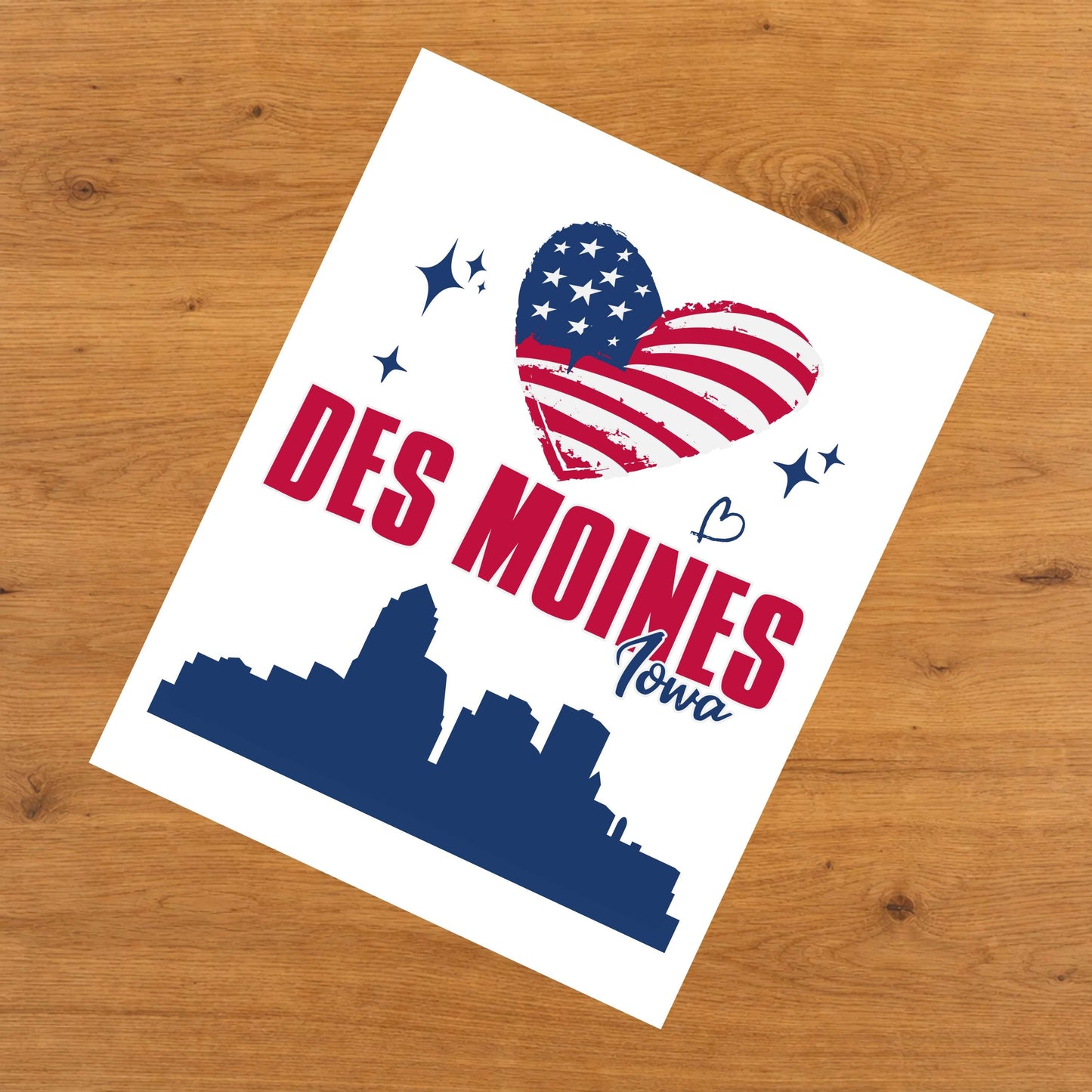 Des Moines Iowa Skyline American Flag Heart 4th of July 8"x10" Wall Art Print
