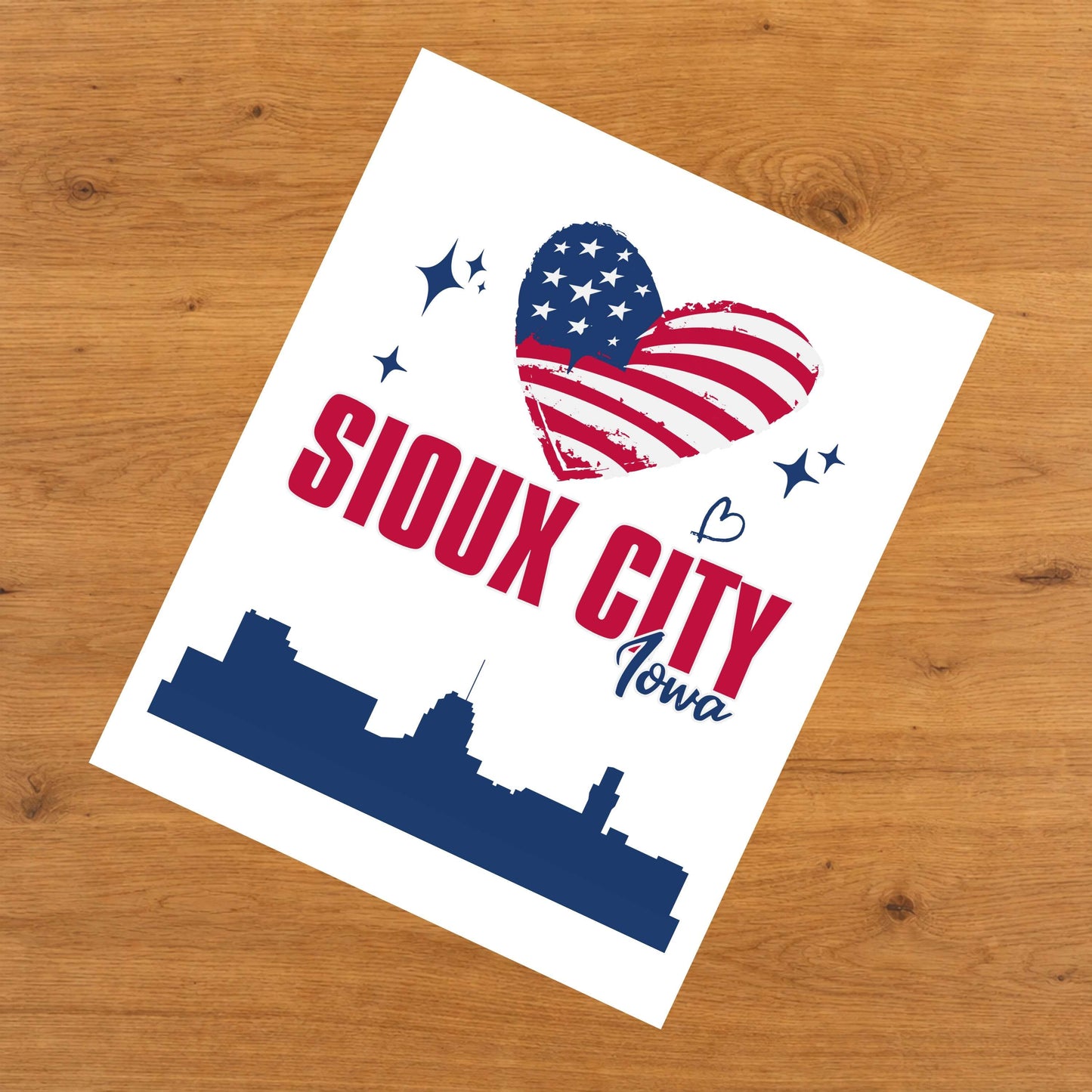 Sioux City Iowa Skyline American Flag Heart 4th of July 8"x10" Wall Art Print