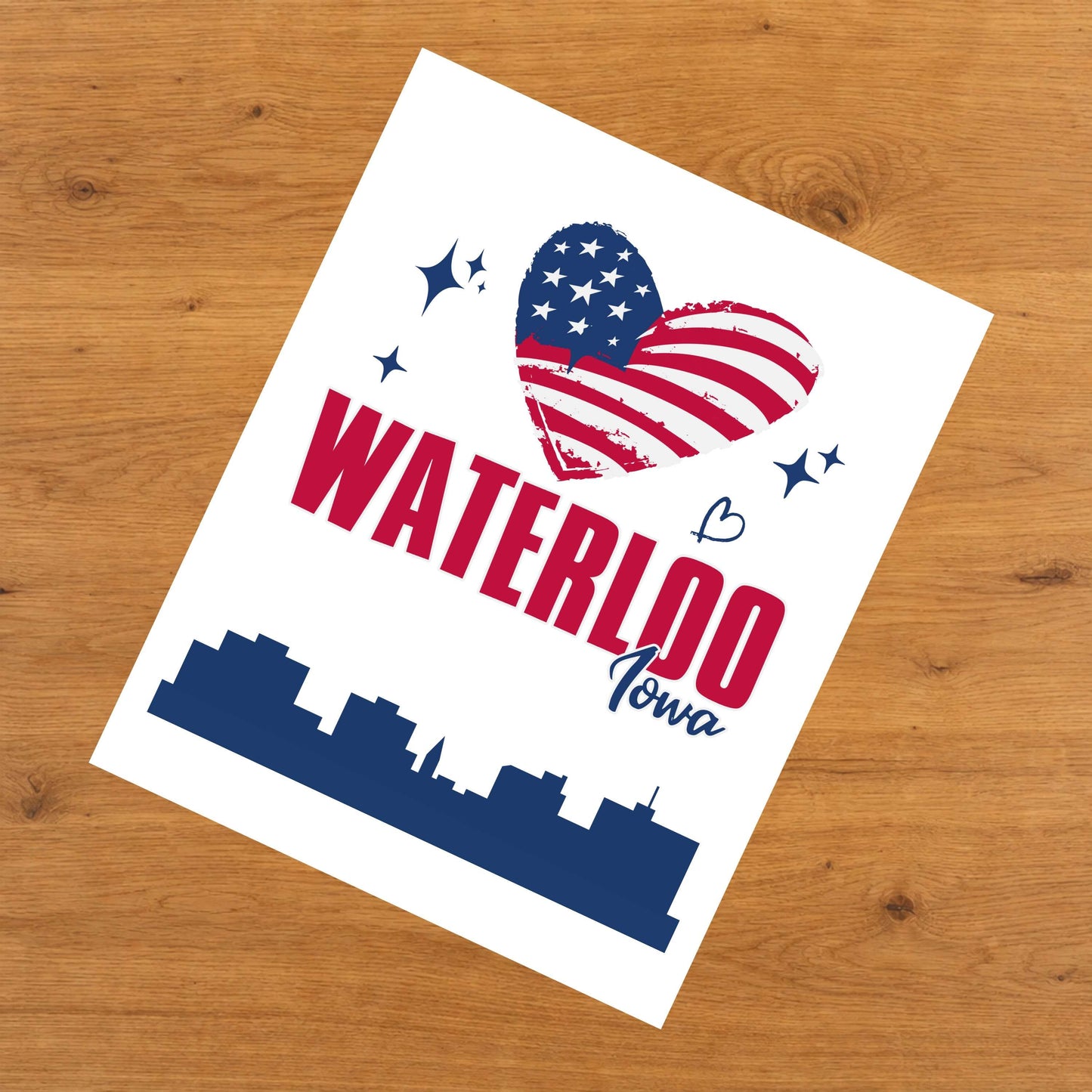 Waterloo Iowa Skyline American Flag Heart 4th of July 8"x10" Wall Art Print
