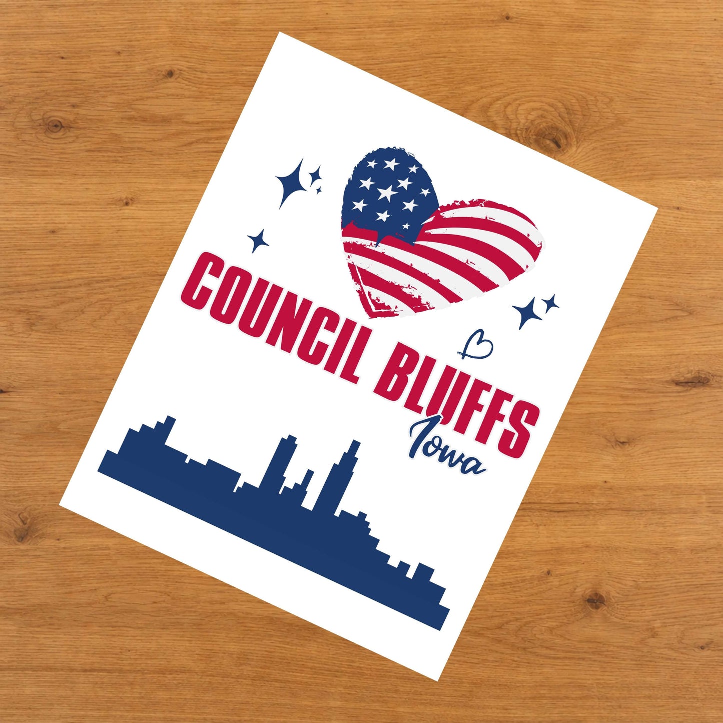 Council Bluffs Iowa Skyline American Flag Heart 4th of July 8"x10" Wall Art Print