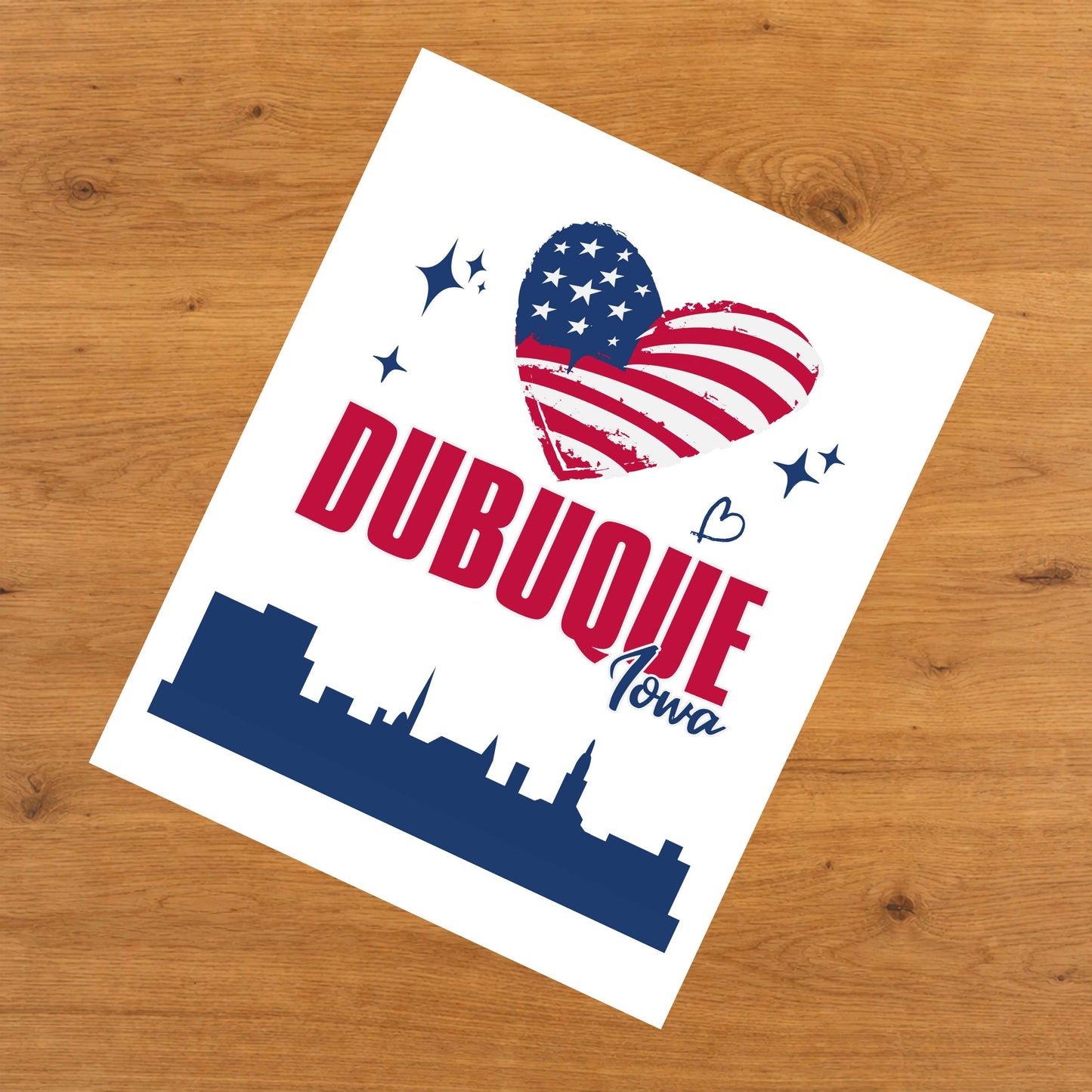 Dubuque Iowa Skyline American Flag Heart 4th of July 8"x10" Wall Art Print