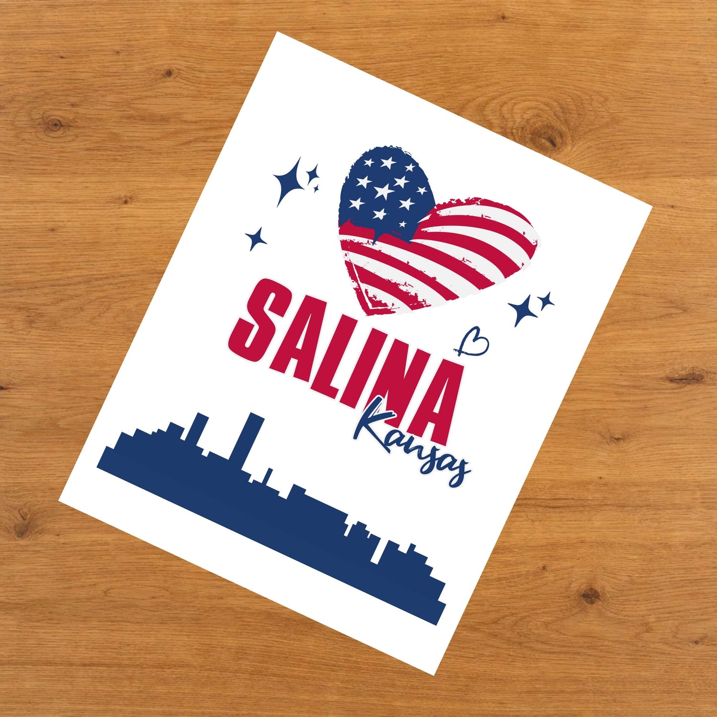 Salina Kansas Skyline American Flag Heart 4th of July 8"x10" Wall Art Print