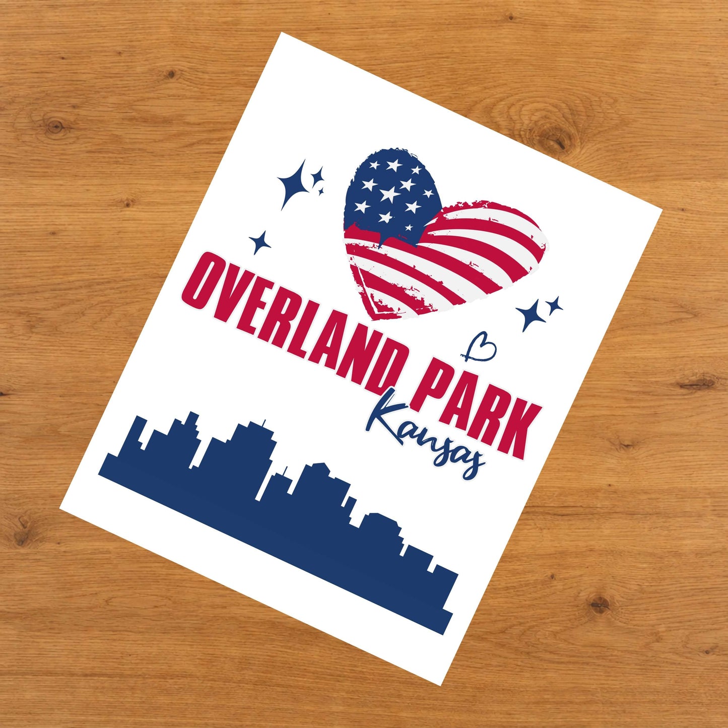 Overland Park Kansas Skyline American Flag Heart 4th of July 8"x10" Wall Art Print