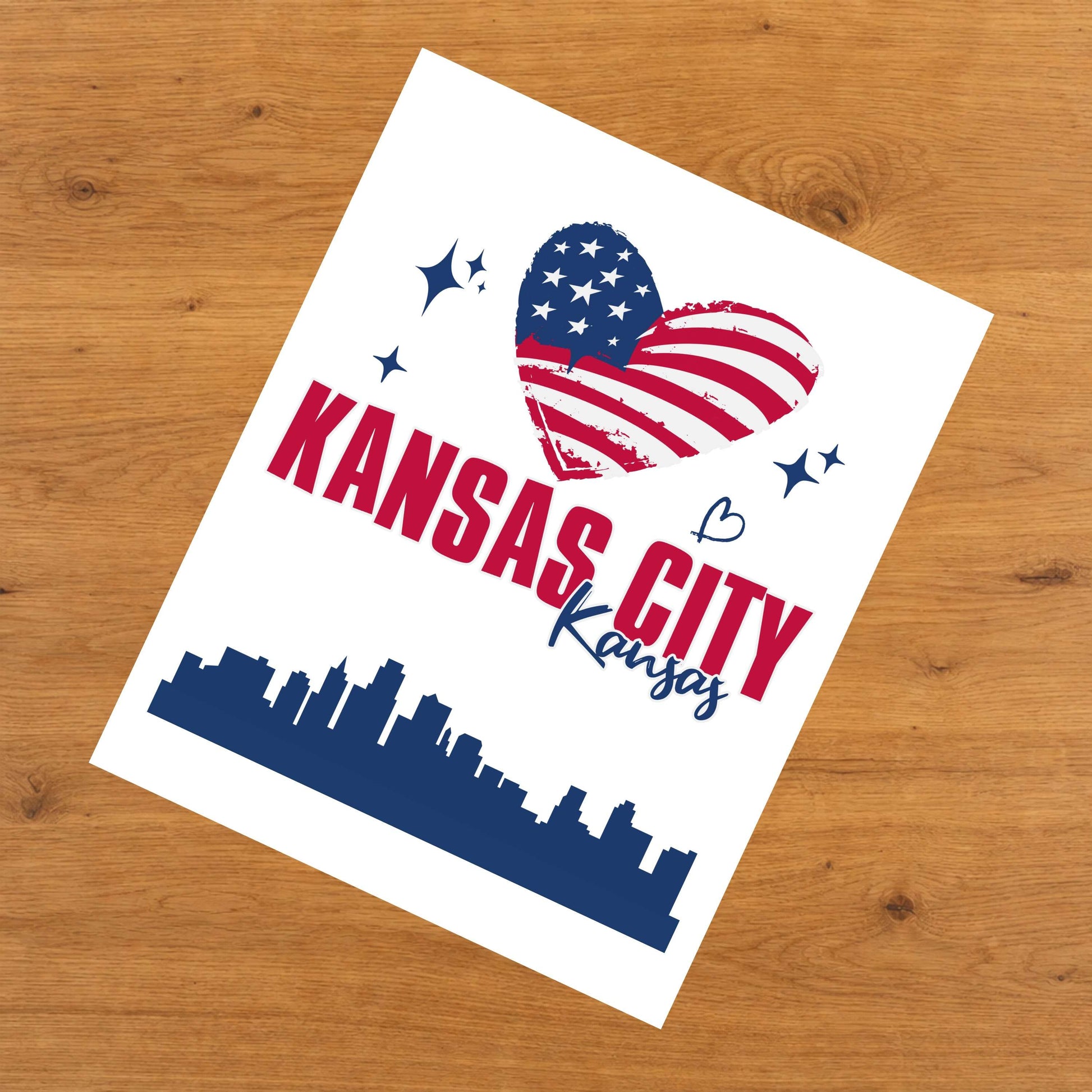 Kansas City Kansas Skyline American Flag Heart 4th of July 8"x10" Wall Art Print