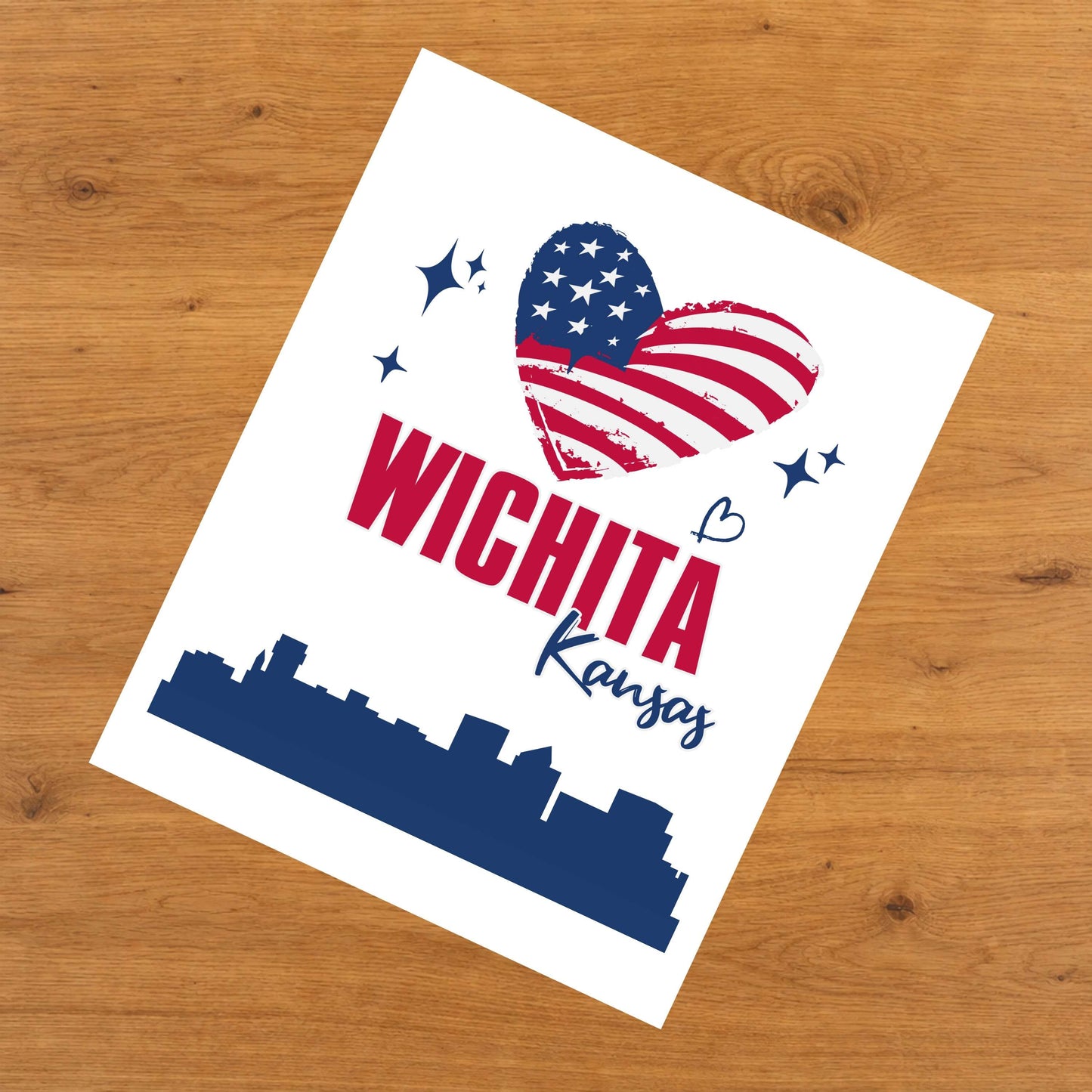 Wichita Kansas Skyline American Flag Heart 4th of July 8"x10" Wall Art Print