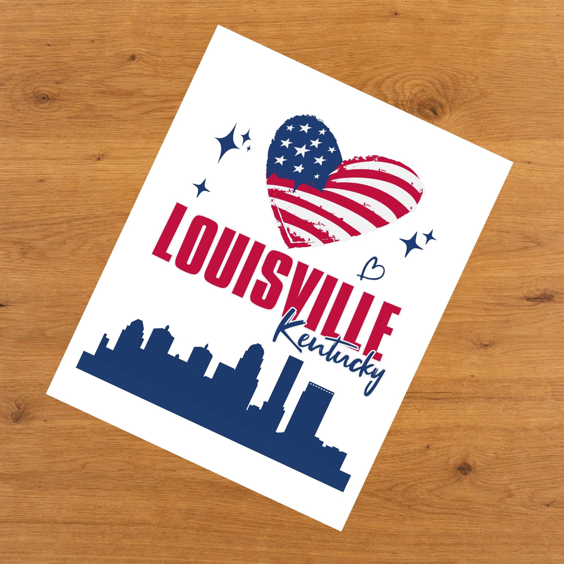 Louisville Kentucky Skyline American Flag Heart 4th of July 8"x10" Wall Art Print