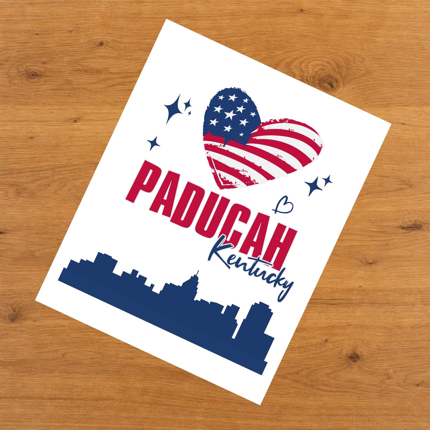 Paducah Kentucky Skyline American Flag Heart 4th of July 8"x10" Wall Art Print