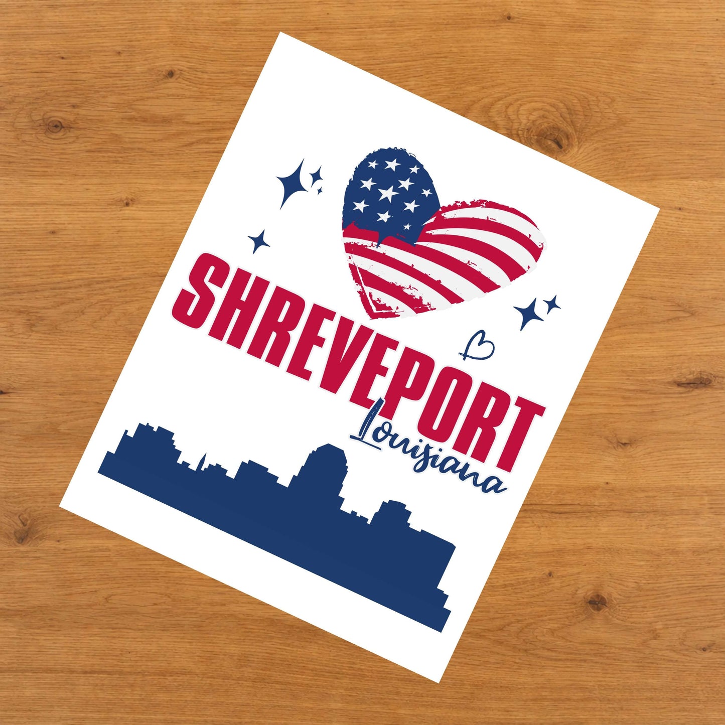Shreveport Louisiana Skyline American Flag Heart 4th of July 8"x10" Wall Art Print