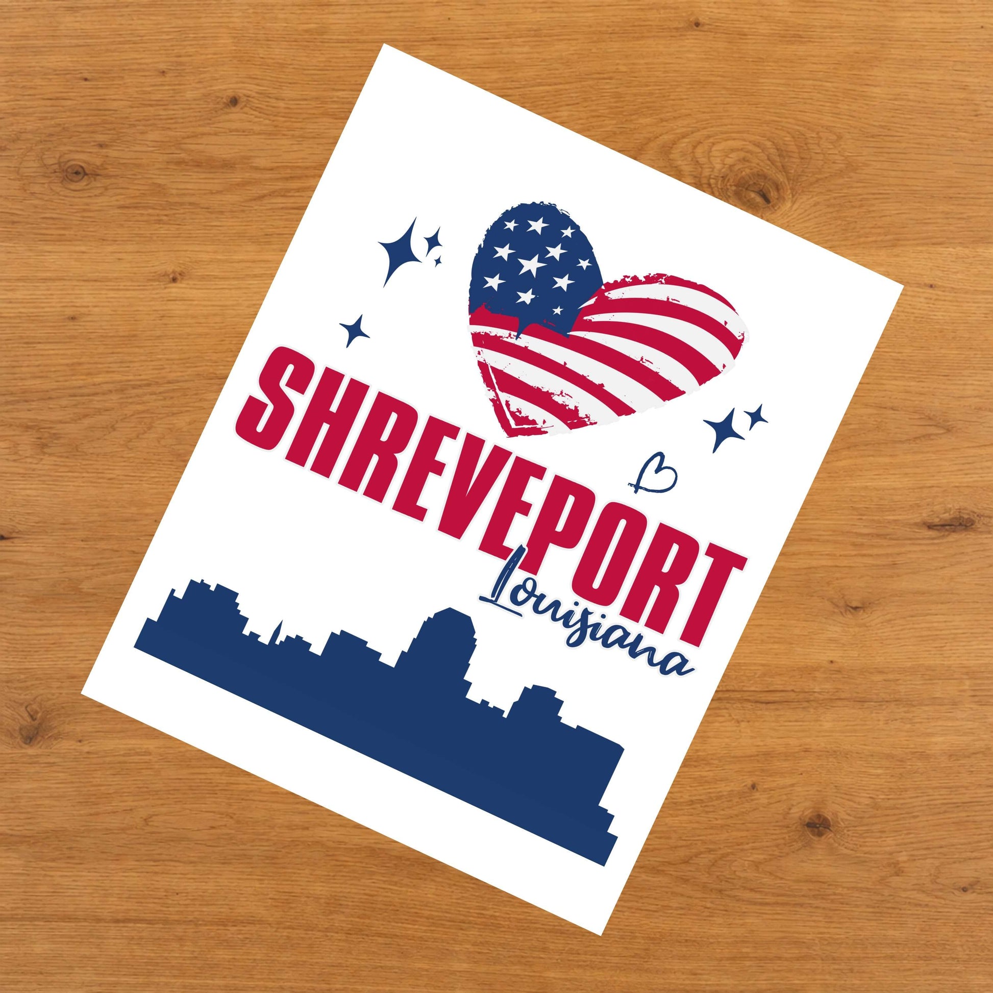 Shreveport Louisiana Skyline American Flag Heart 4th of July 8"x10" Wall Art Print