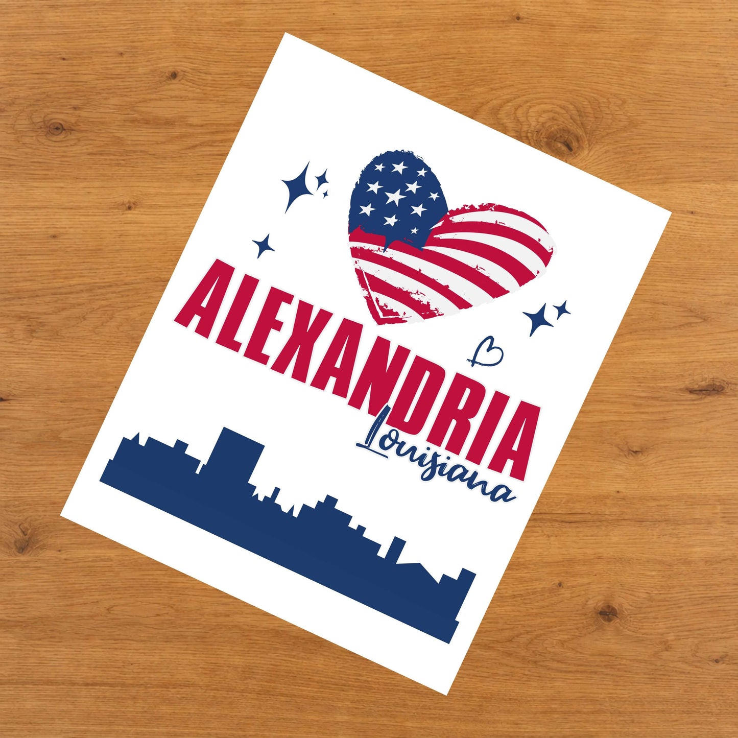 Alexandria Louisiana Skyline American Flag Heart 4th of July 8"x10" Wall Art Print