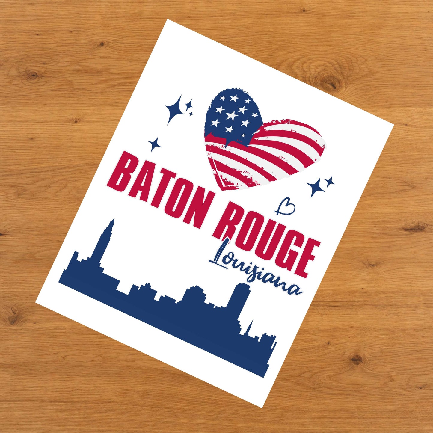 Baton Rouge Louisiana Skyline American Flag Heart 4th of July 8"x10" Wall Art Print