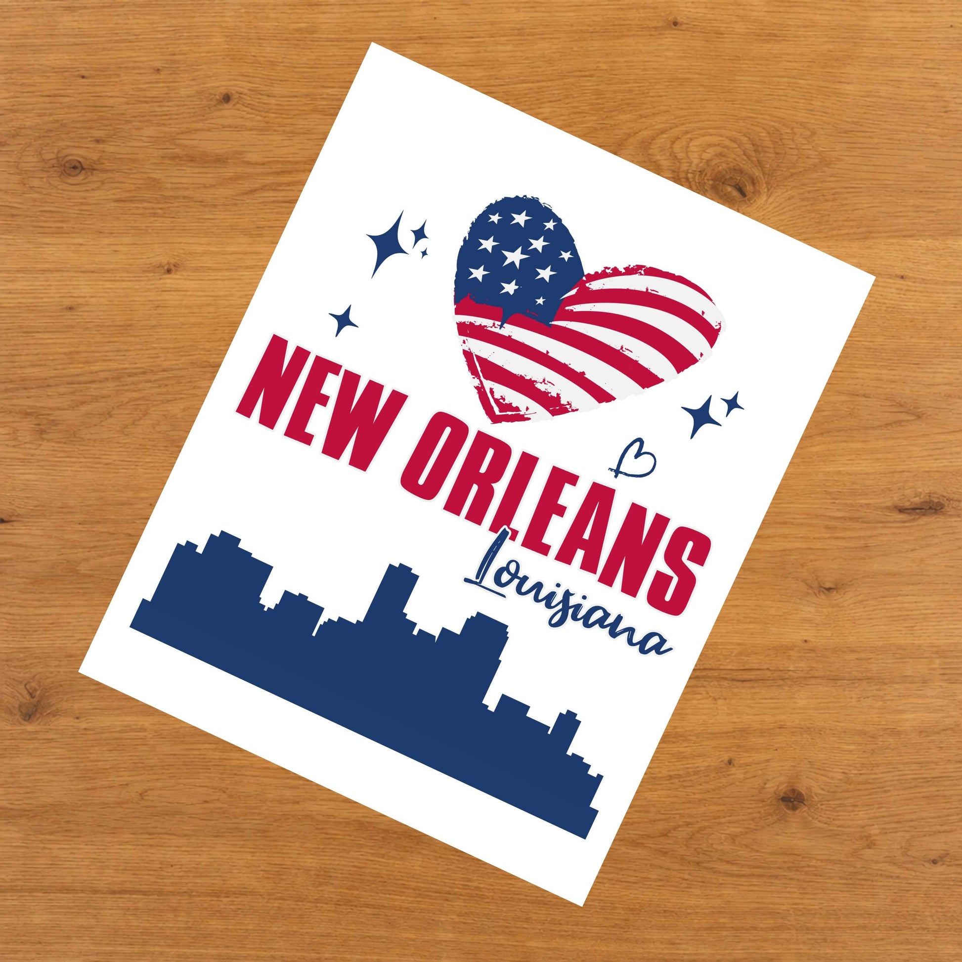 New Orleans Louisiana Skyline American Flag Heart 4th of July 8"x10" Wall Art Print