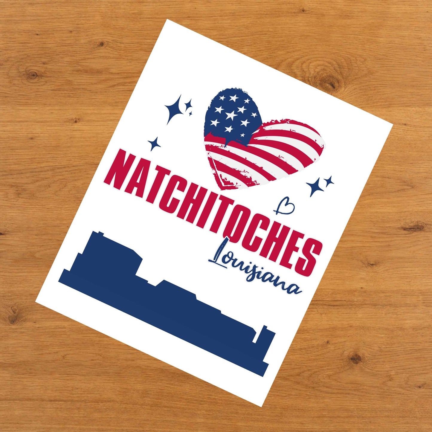 Natchitoches Louisiana Skyline American Flag Heart 4th of July 8"x10" Wall Art Print