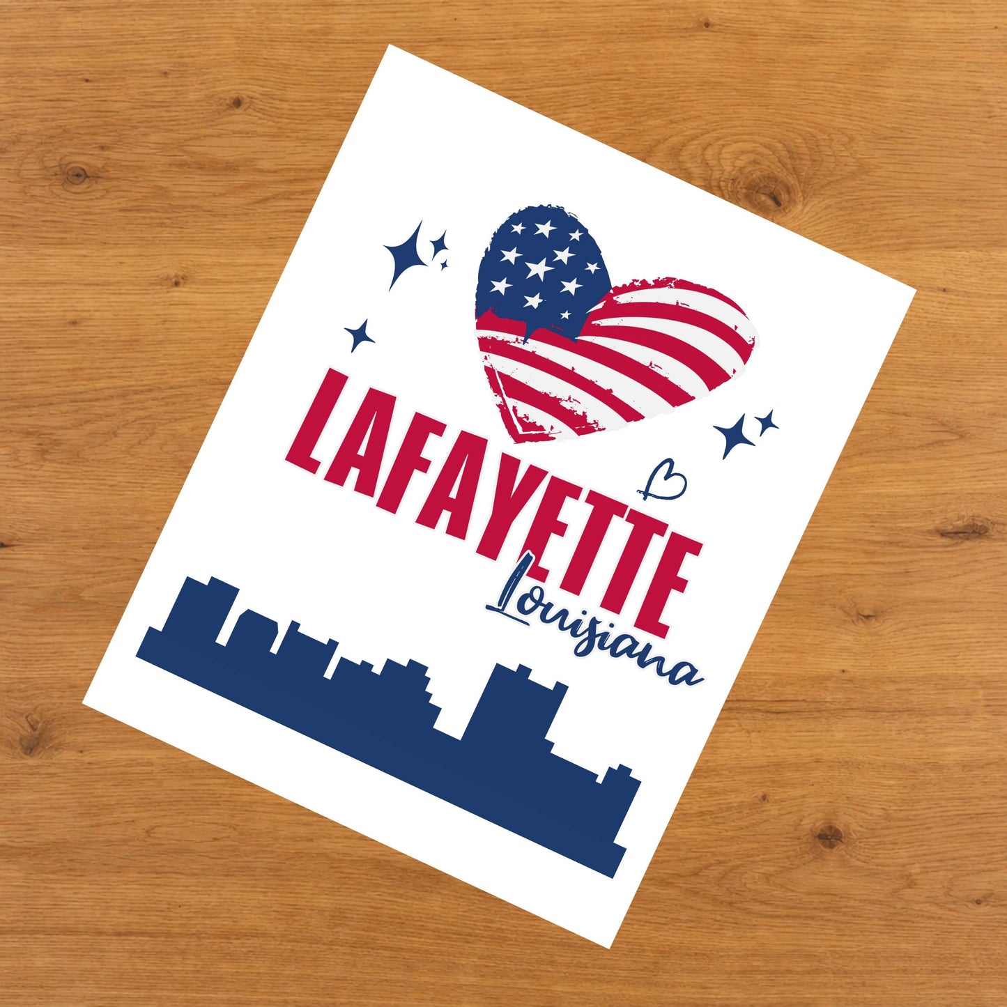 Lafayette Louisiana Skyline American Flag Heart 4th of July 8"x10" Wall Art Print