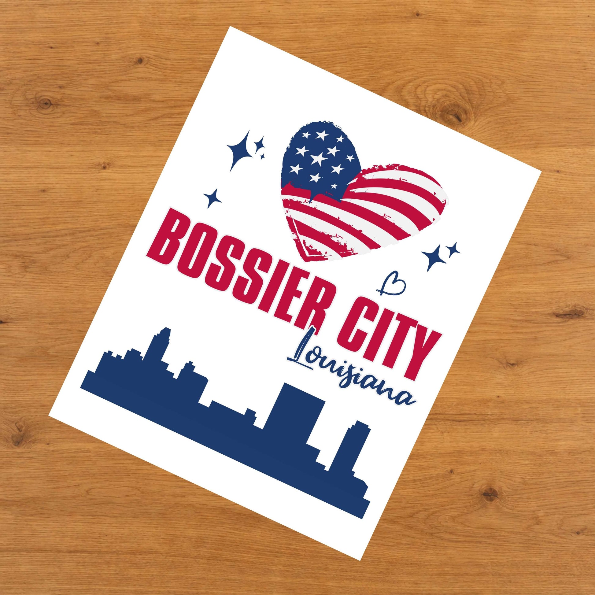 Bossier City Louisiana Skyline American Flag Heart 4th of July 8"x10" Wall Art Print