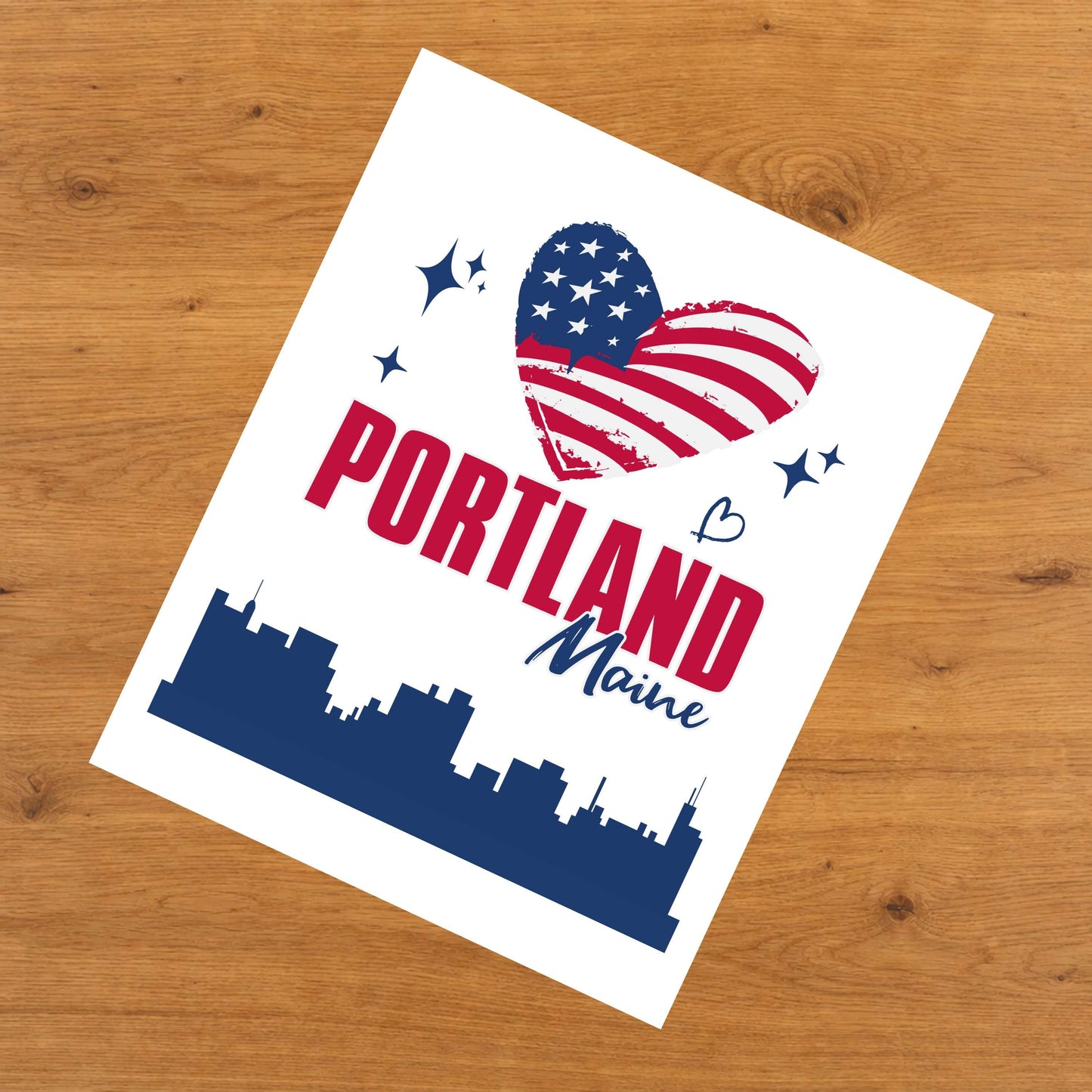Portland Maine Skyline American Flag Heart 4th of July 8"x10" Wall Art Print