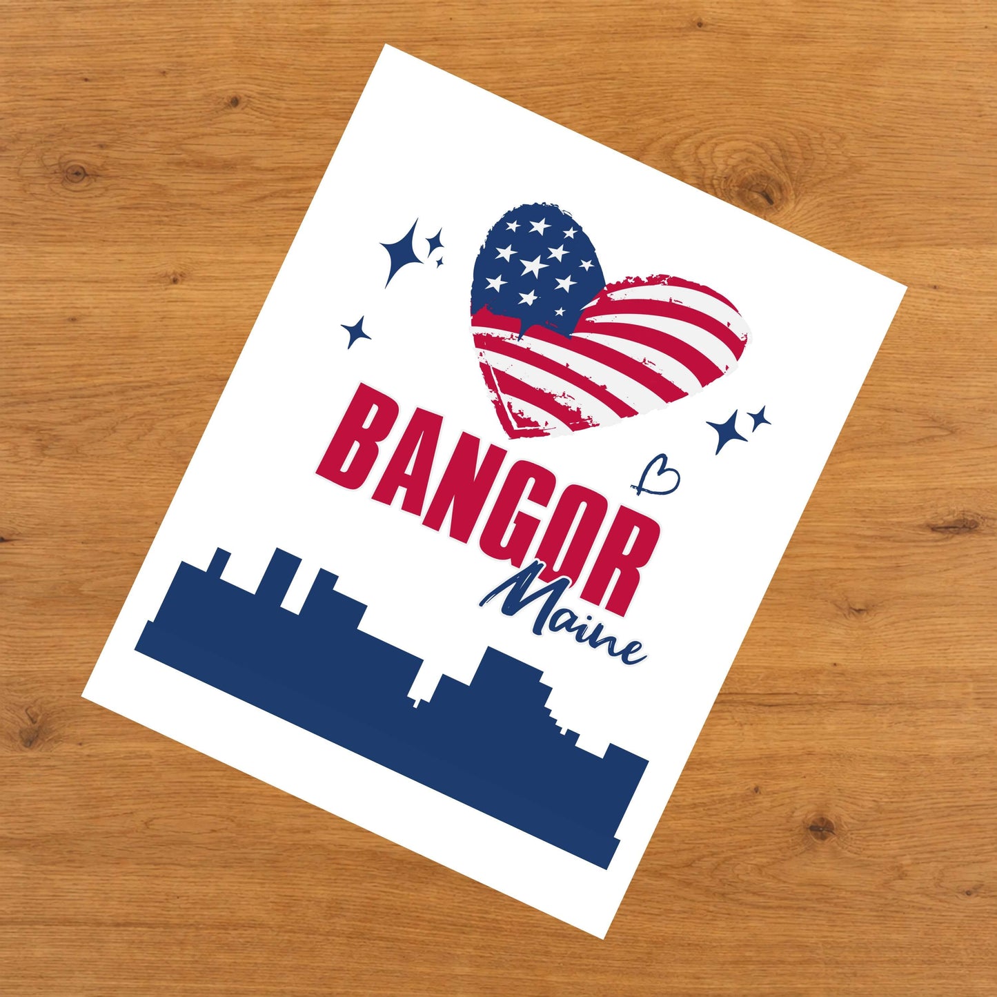 Bangor Maine Skyline American Flag Heart 4th of July 8"x10" Wall Art Print