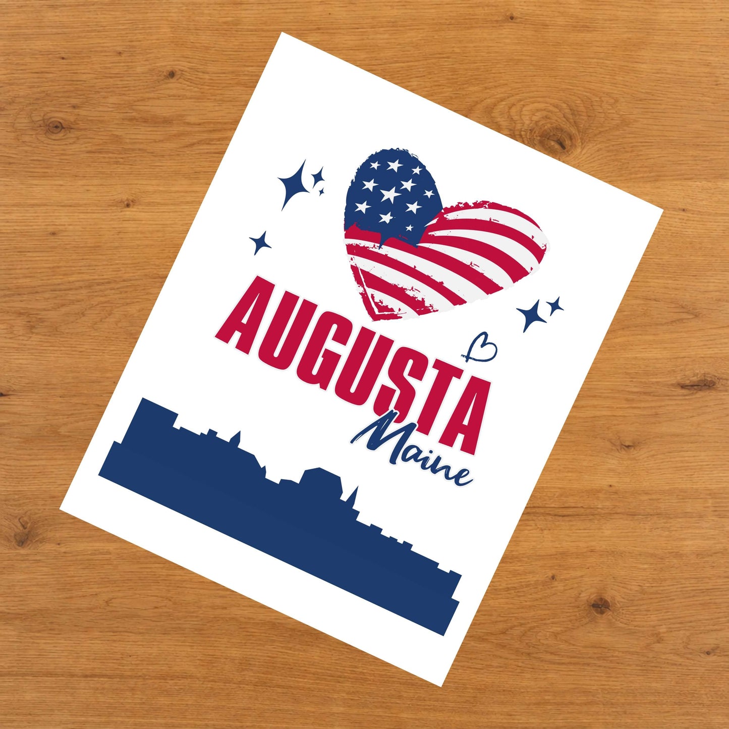 Augusta Maine Skyline American Flag Heart 4th of July 8"x10" Wall Art Print