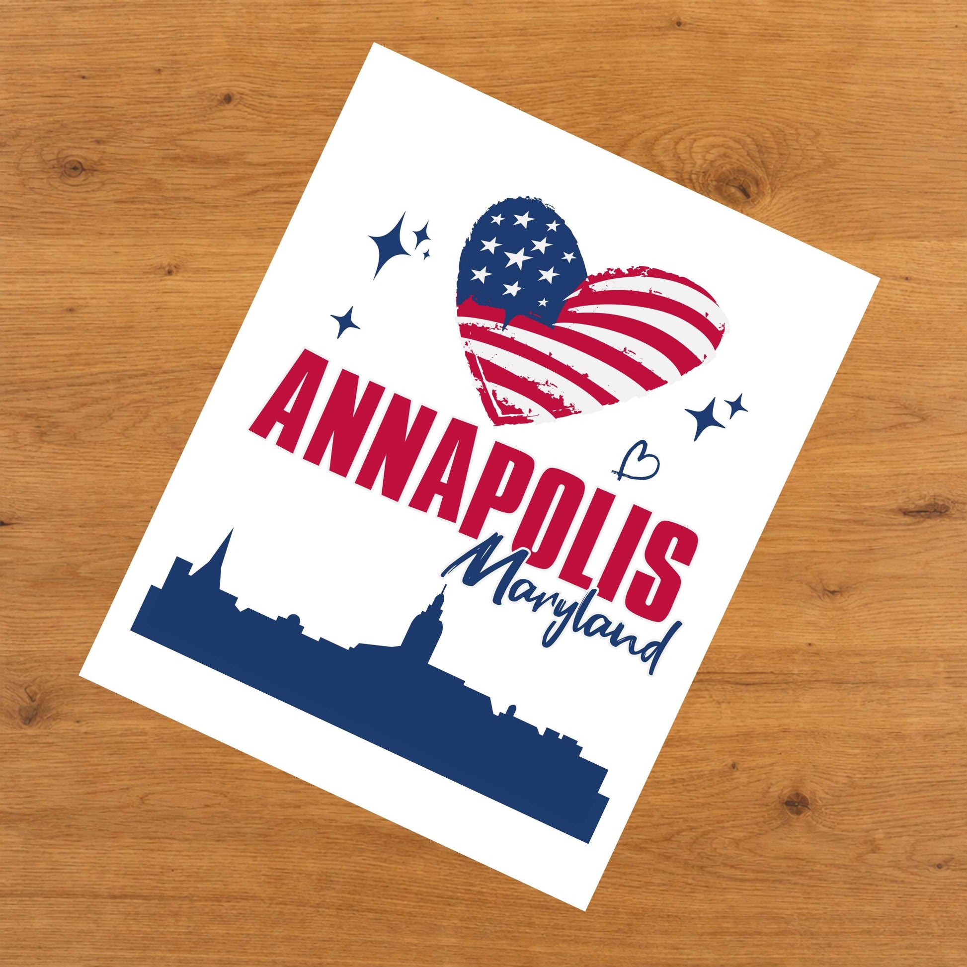Annapolis Maryland Skyline American Flag Heart 4th of July 8"x10" Wall Art Print
