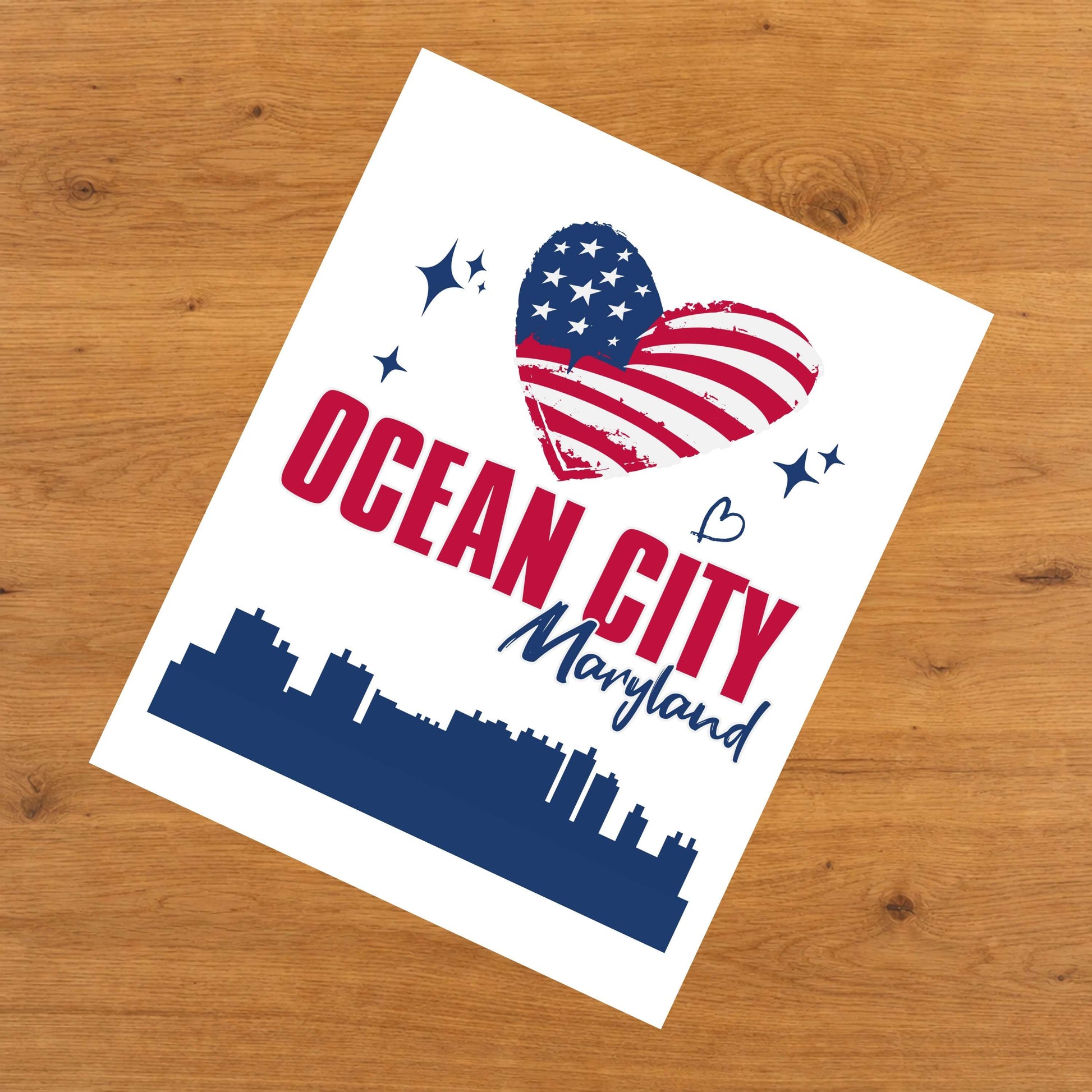 Ocean City Maryland Skyline American Flag Heart 4th of July 8"x10" Wall Art Print
