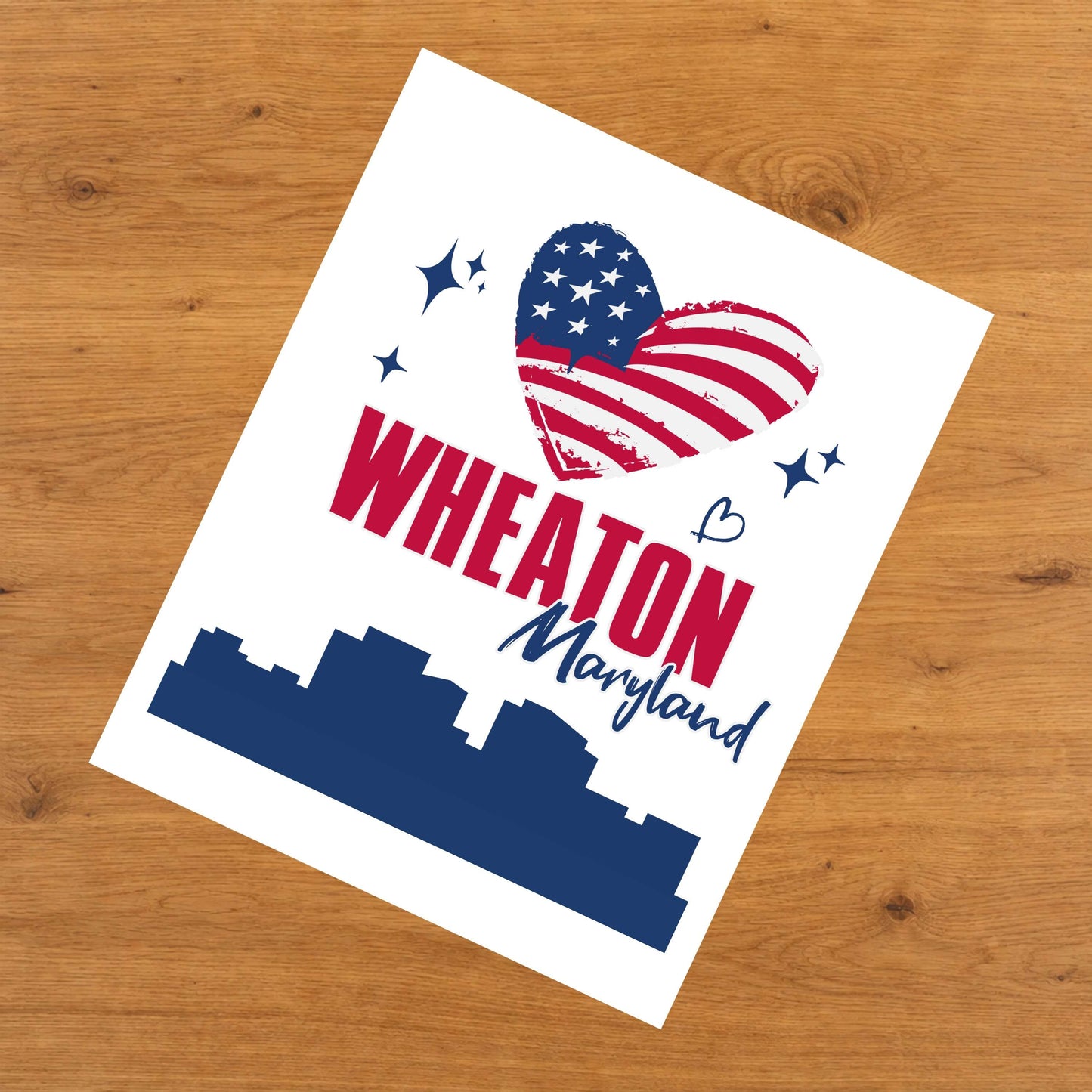 Wheaton Maryland Skyline American Flag Heart 4th of July 8"x10" Wall Art Print