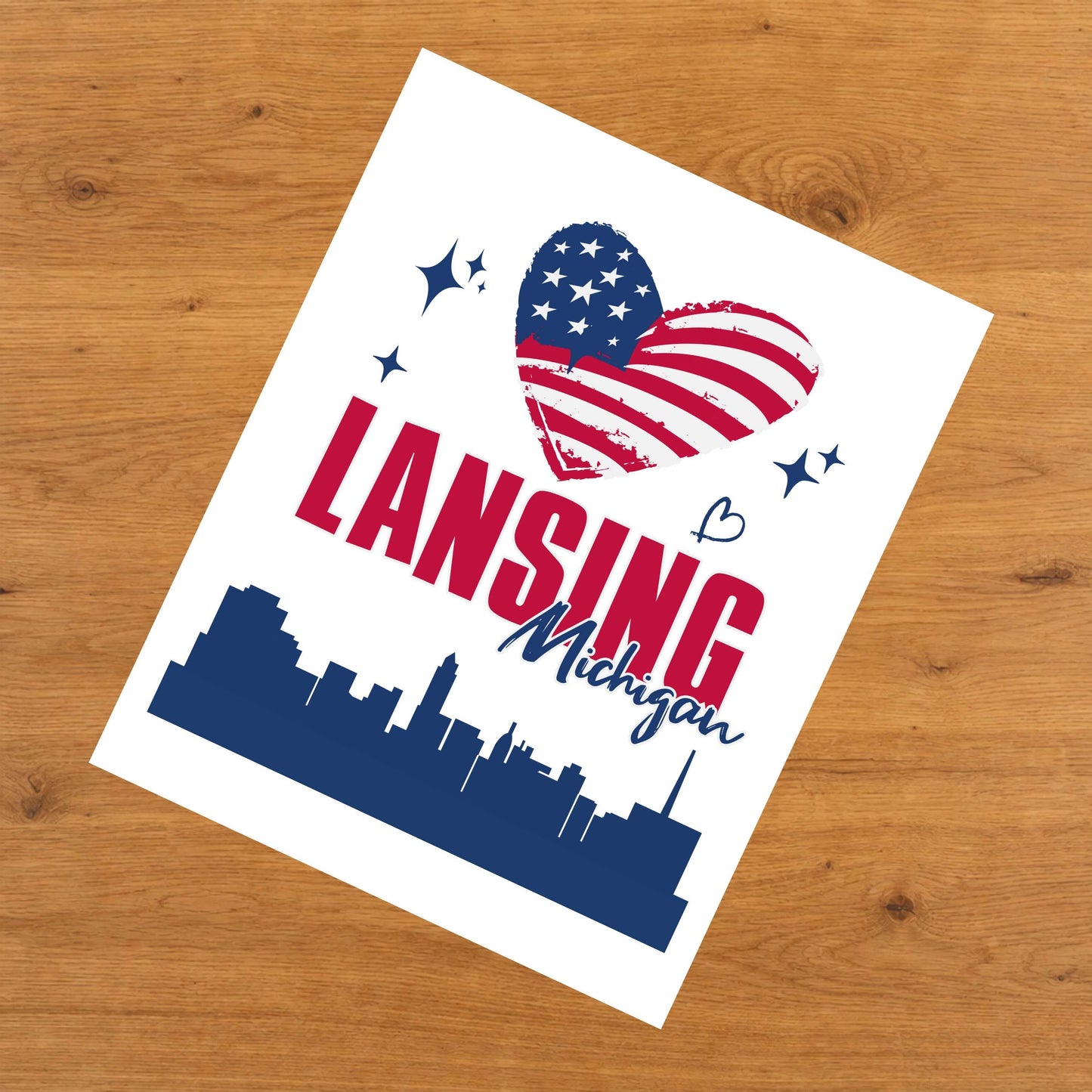 Lansing Michigan Skyline American Flag Heart 4th of July 8"x10" Wall Art Print
