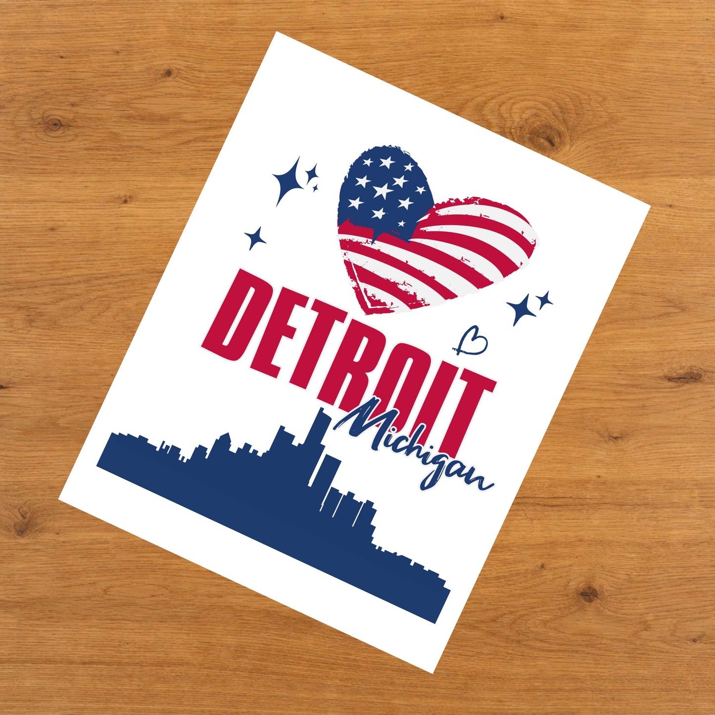 Detroit Michigan Skyline American Flag Heart 4th of July 8"x10" Wall Art Print