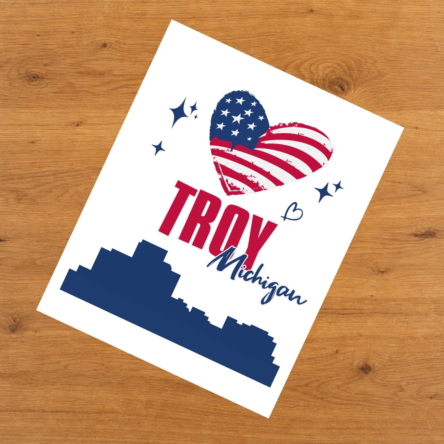 Troy Michigan Skyline American Flag Heart 4th of July 8"x10" Wall Art Print