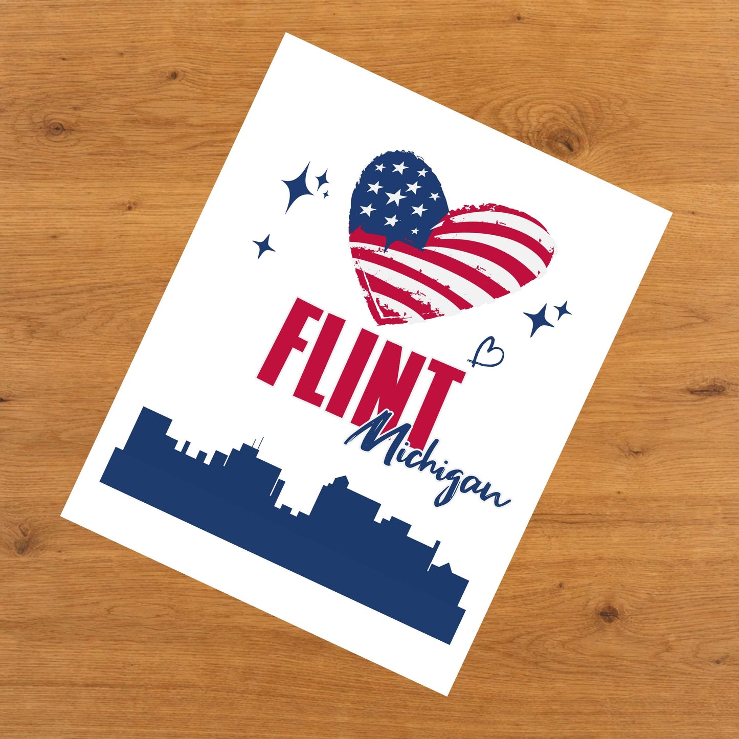 Flint Michigan Skyline American Flag Heart 4th of July 8"x10" Wall Art Print