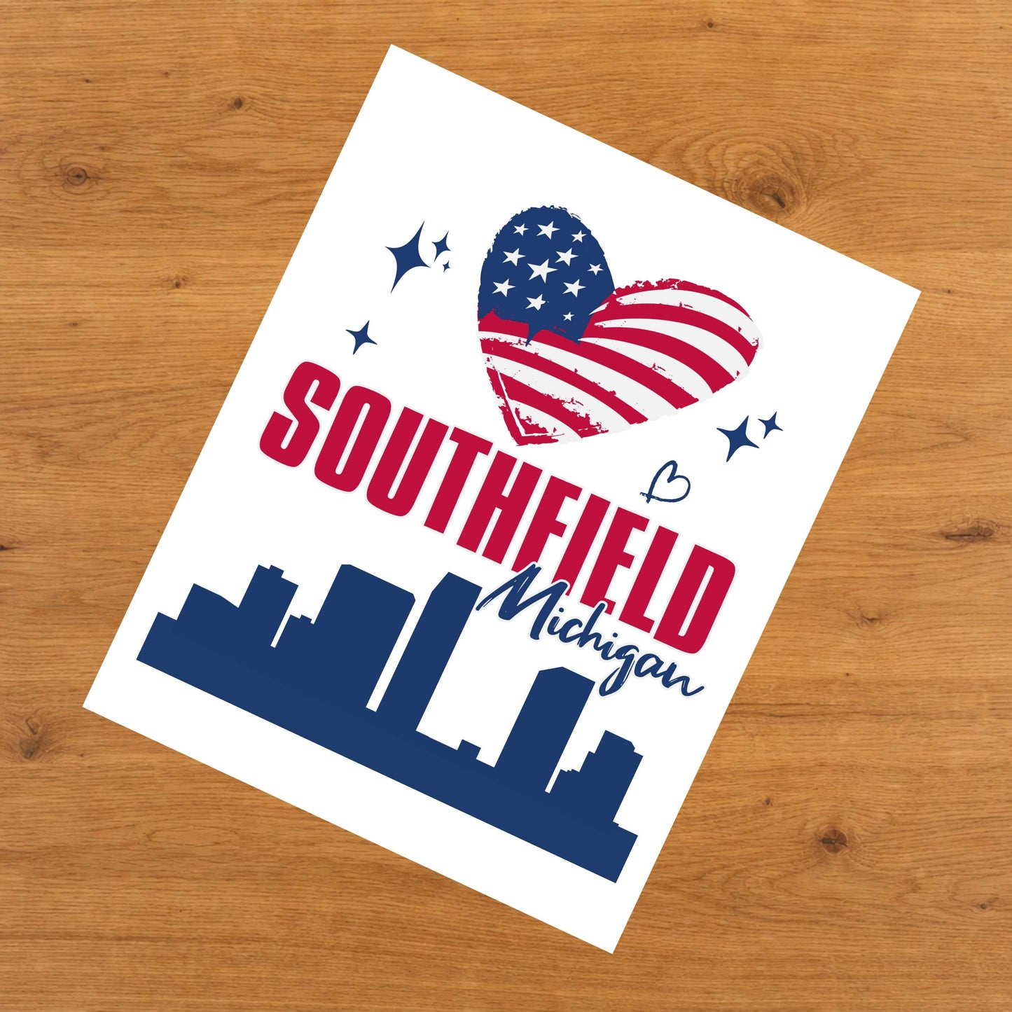 Southfield Michigan Skyline American Flag Heart 4th of July 8"x10" Wall Art Print