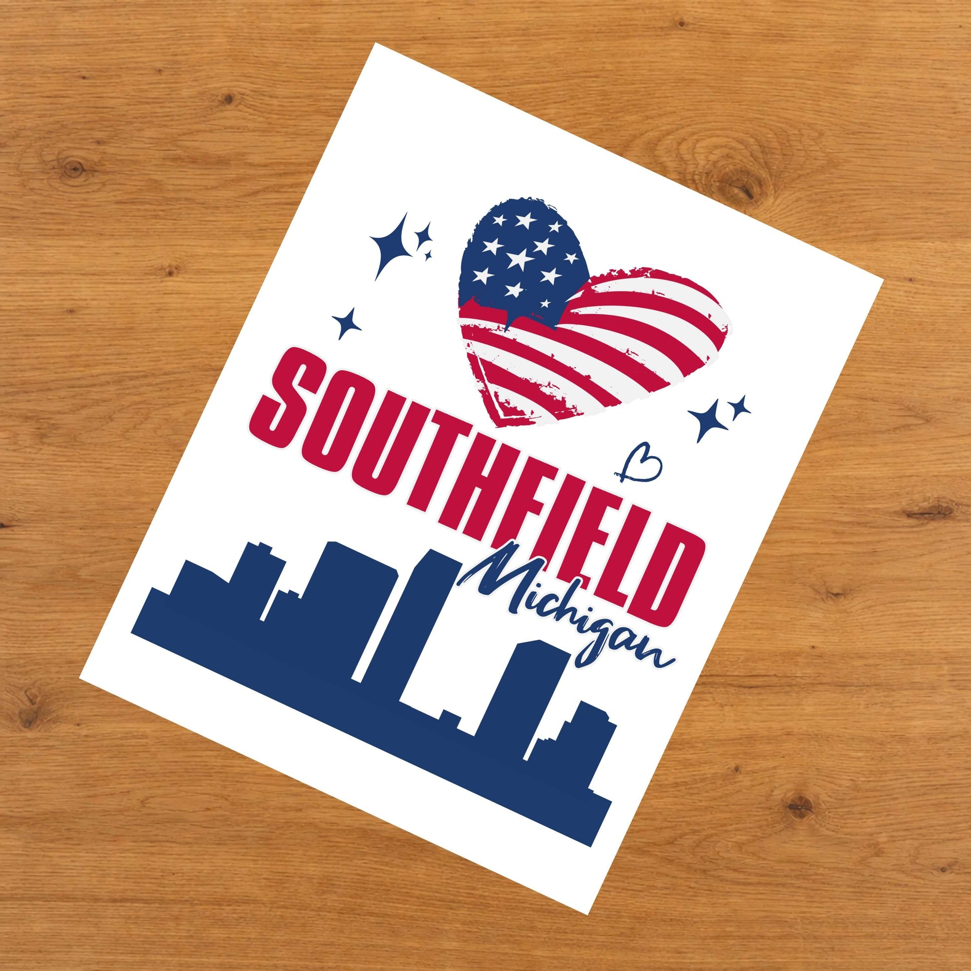 Southfield Michigan Skyline American Flag Heart 4th of July 8"x10" Wall Art Print