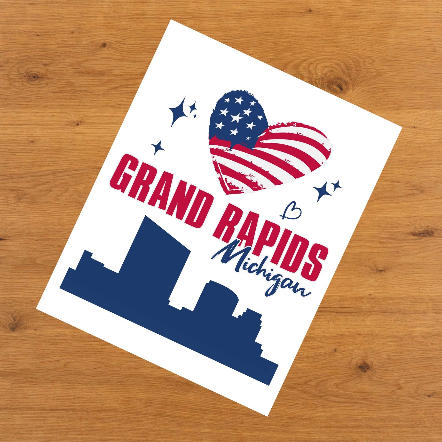 Grand Rapids Michigan Skyline American Flag Heart 4th of July 8"x10" Wall Art Print