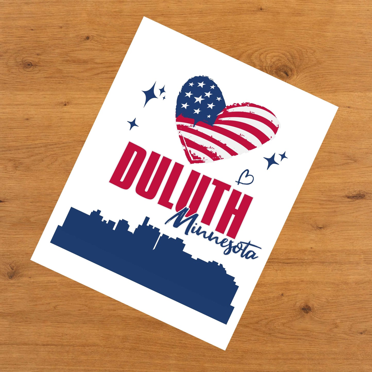 Duluth Minnesota Skyline American Flag Heart 4th of July 8"x10" Wall Art Print