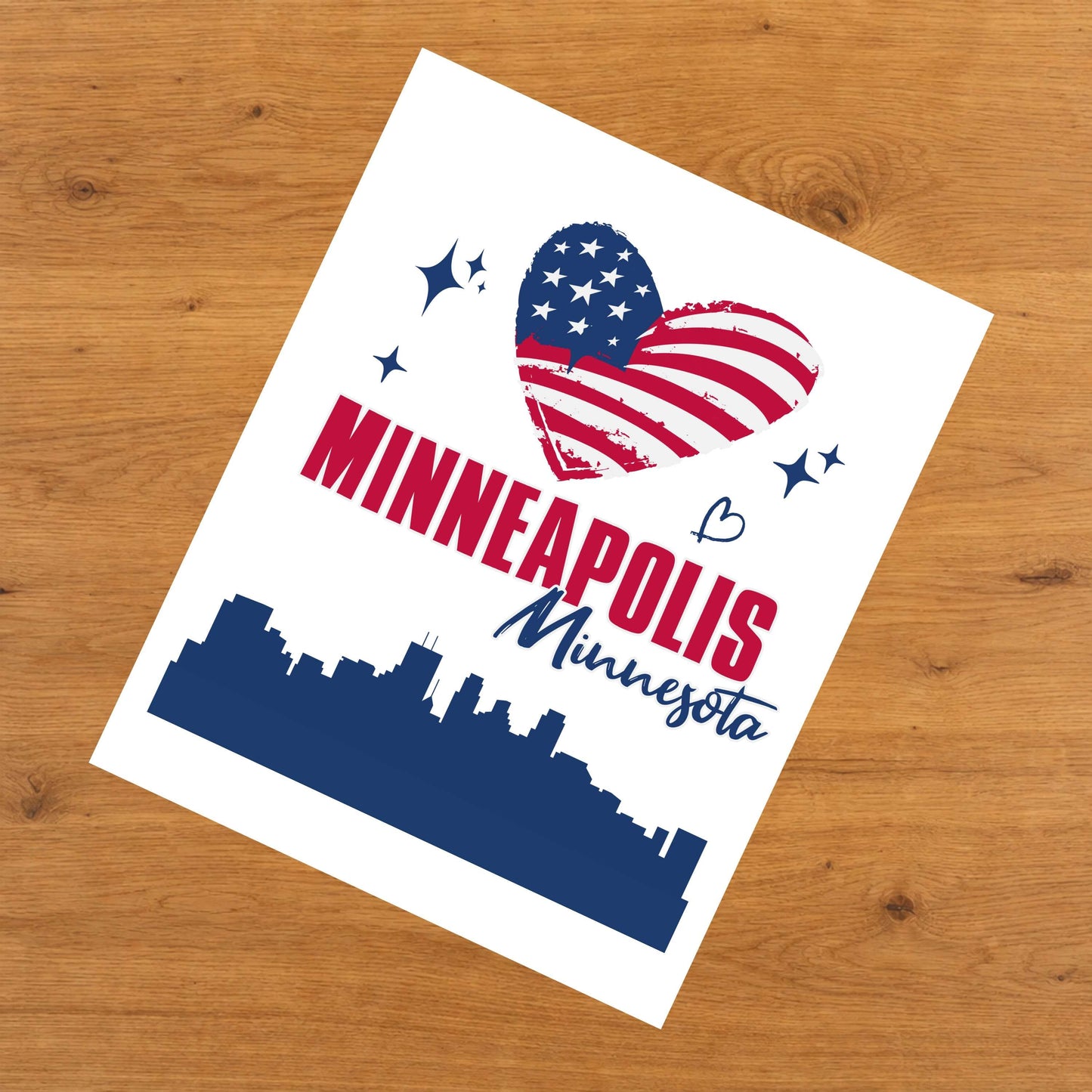 Minneapolis Minnesota Skyline American Flag Heart 4th of July 8"x10" Wall Art Print