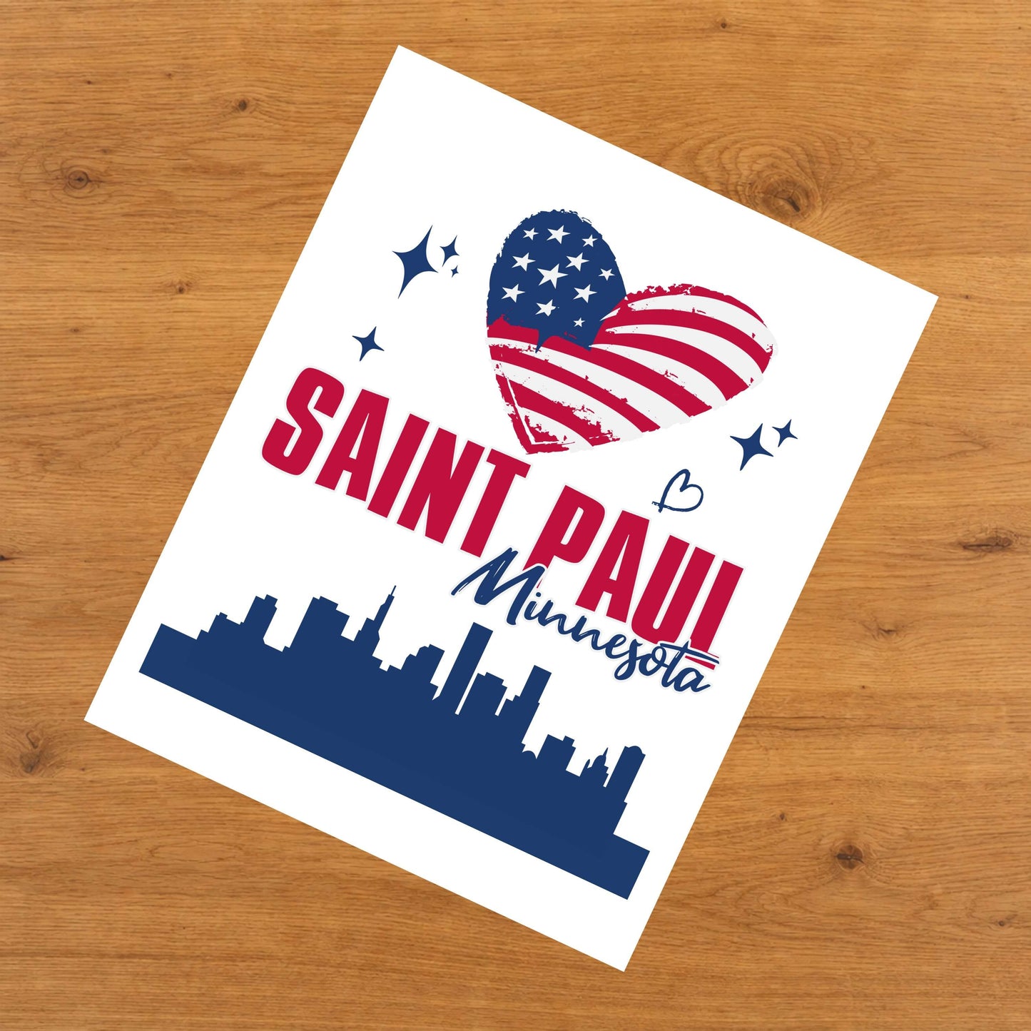 Saint Paul Minnesota Skyline American Flag Heart 4th of July 8"x10" Wall Art Print