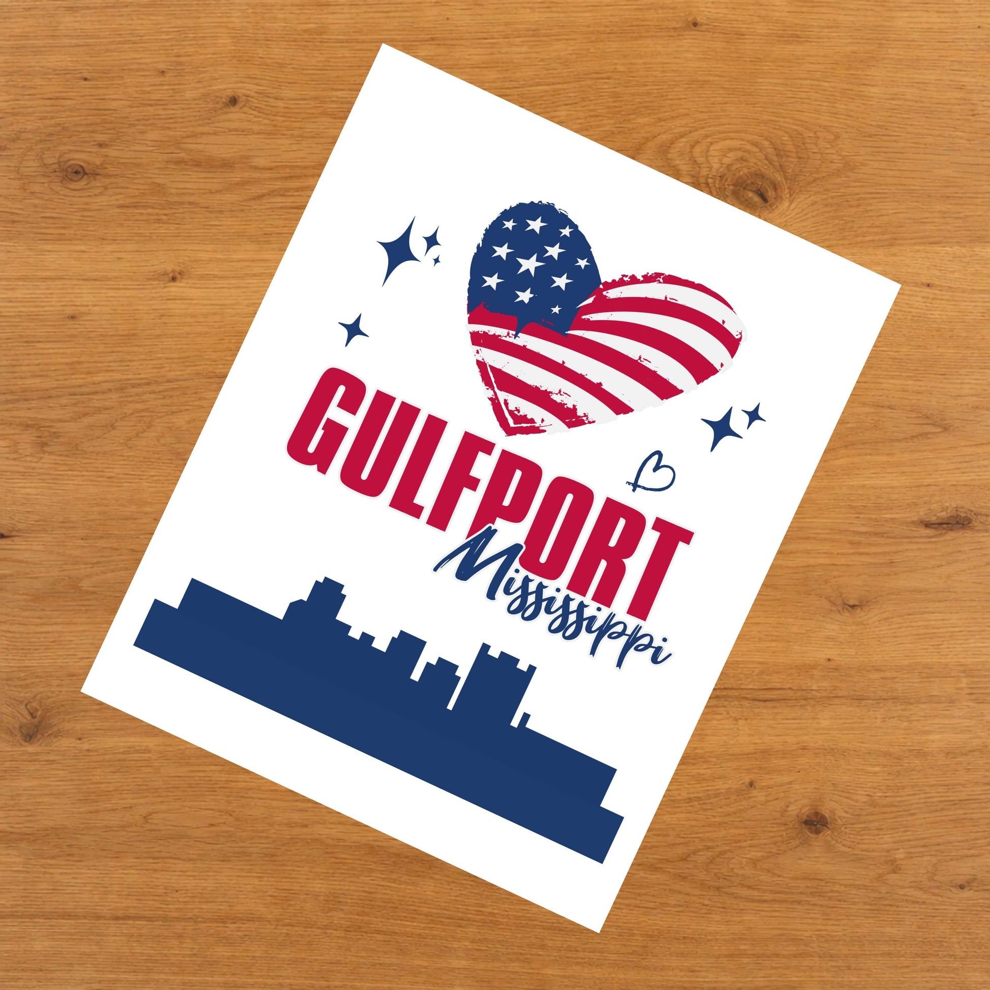 Gulfport Mississippi Skyline American Flag Heart 4th of July 8"x10" Wall Art Print