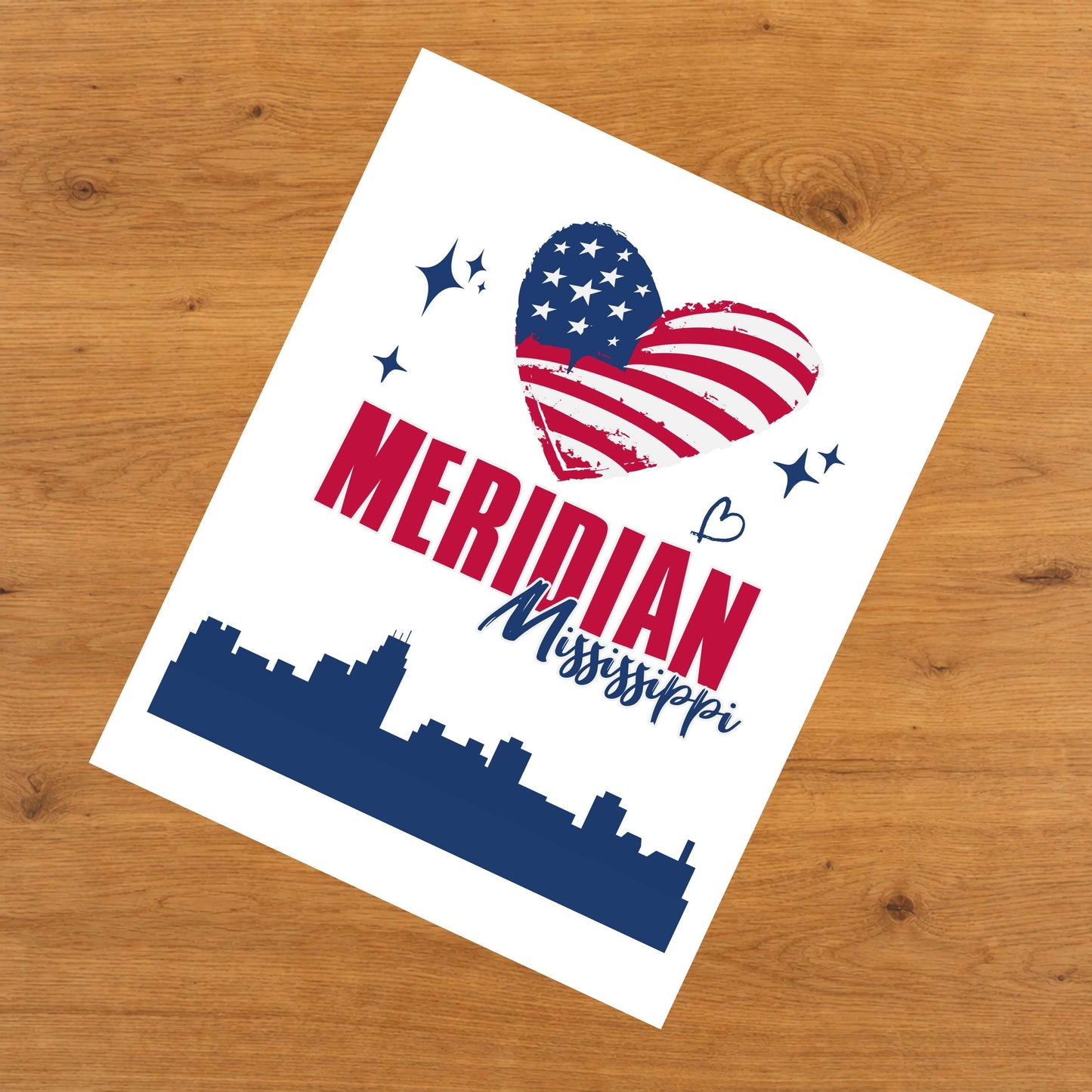 Meridian Mississippi Skyline American Flag Heart 4th of July 8"x10" Wall Art Print
